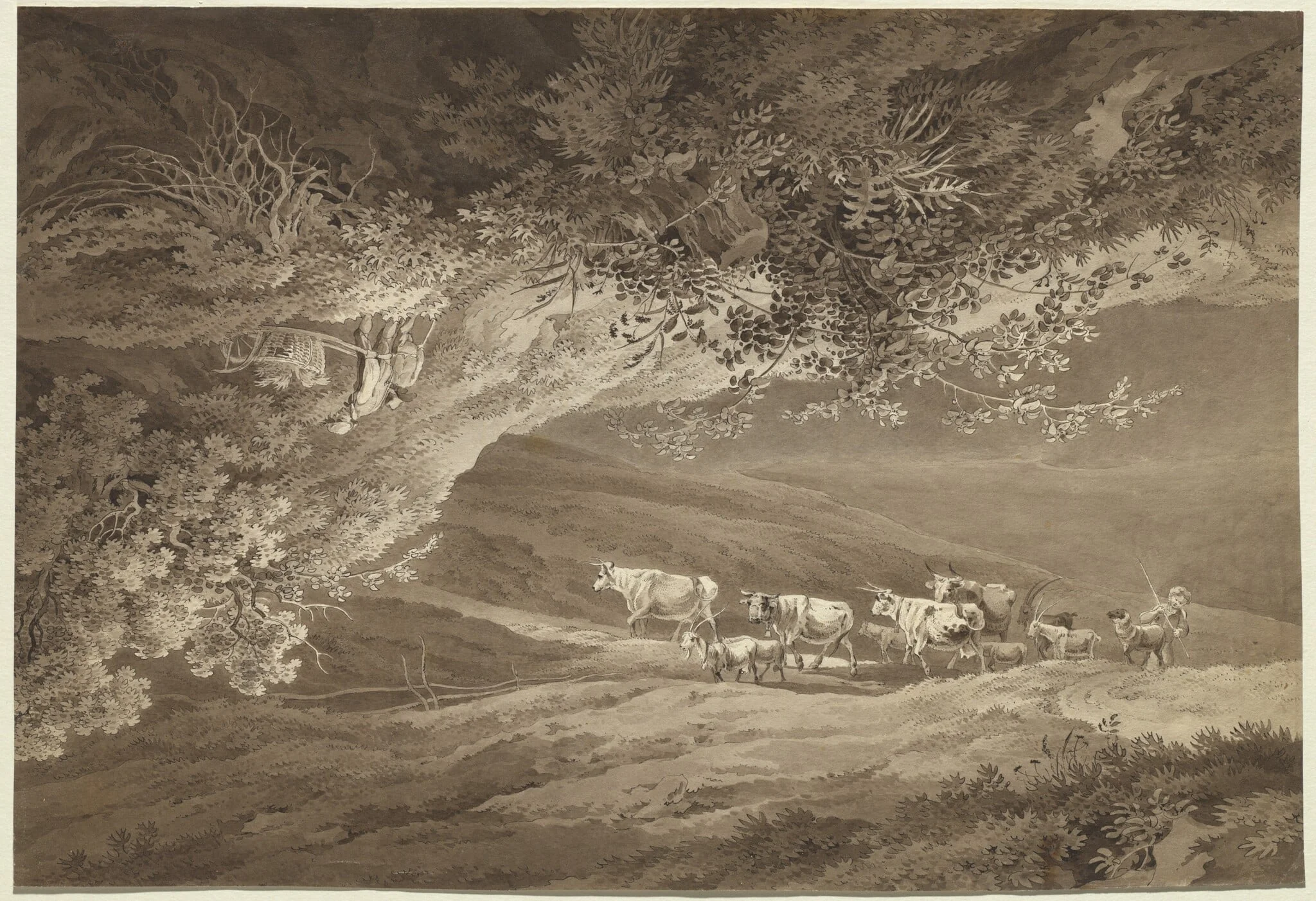 A Landscape with a Herd of Cows and Goats, Surmounted by Another Landscape, Upside-down, with a Man Pushing a Wheelbarrow