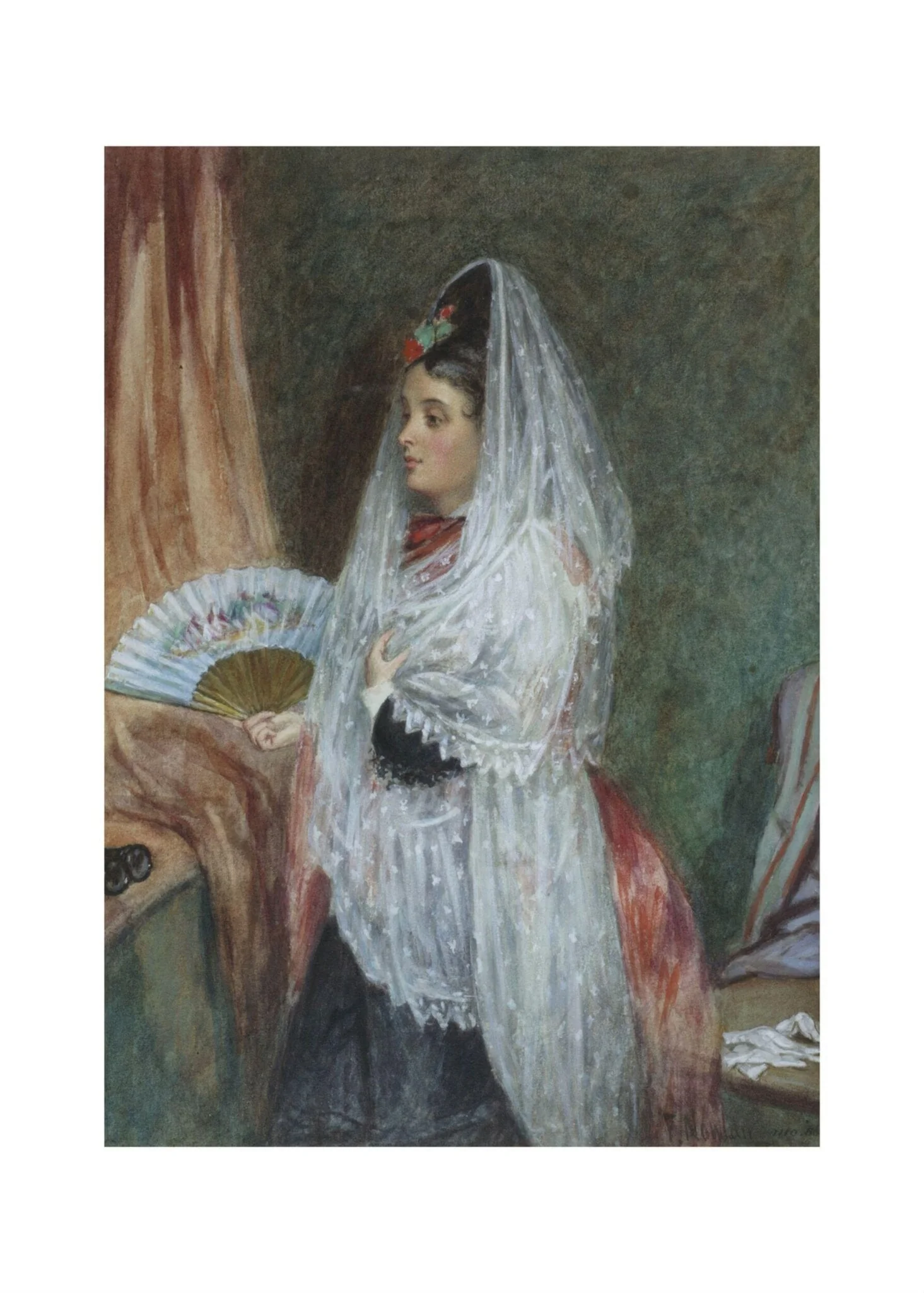 Lady wearing a lace veil and holding a fan