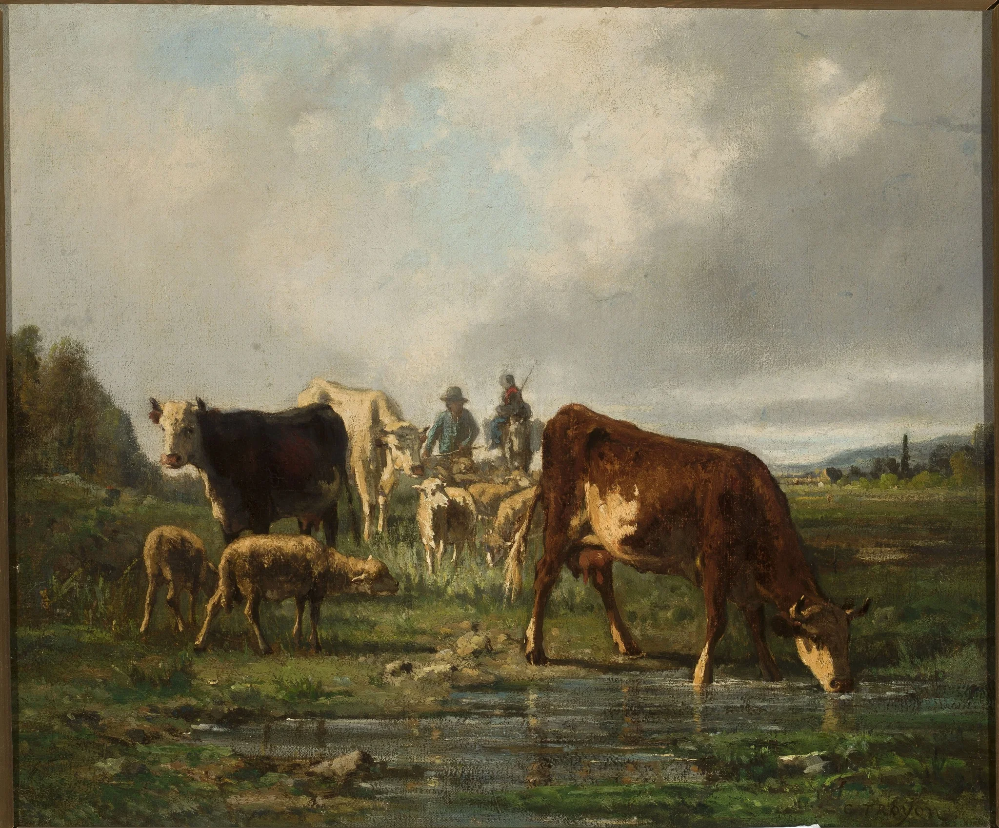 Cattle at the waterhole, by Constant Troyon, oil, 1847