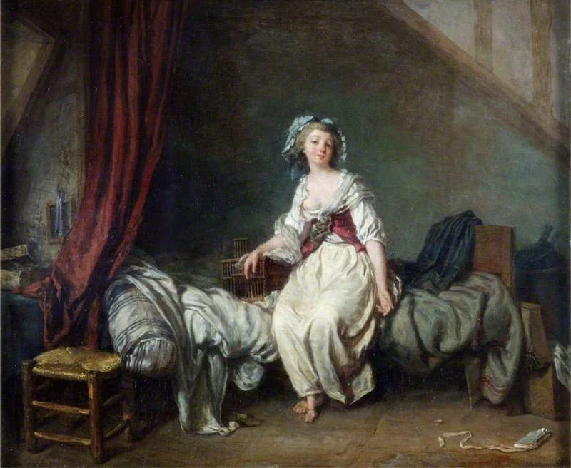 Girl with a Birdcage Seated on a Bed