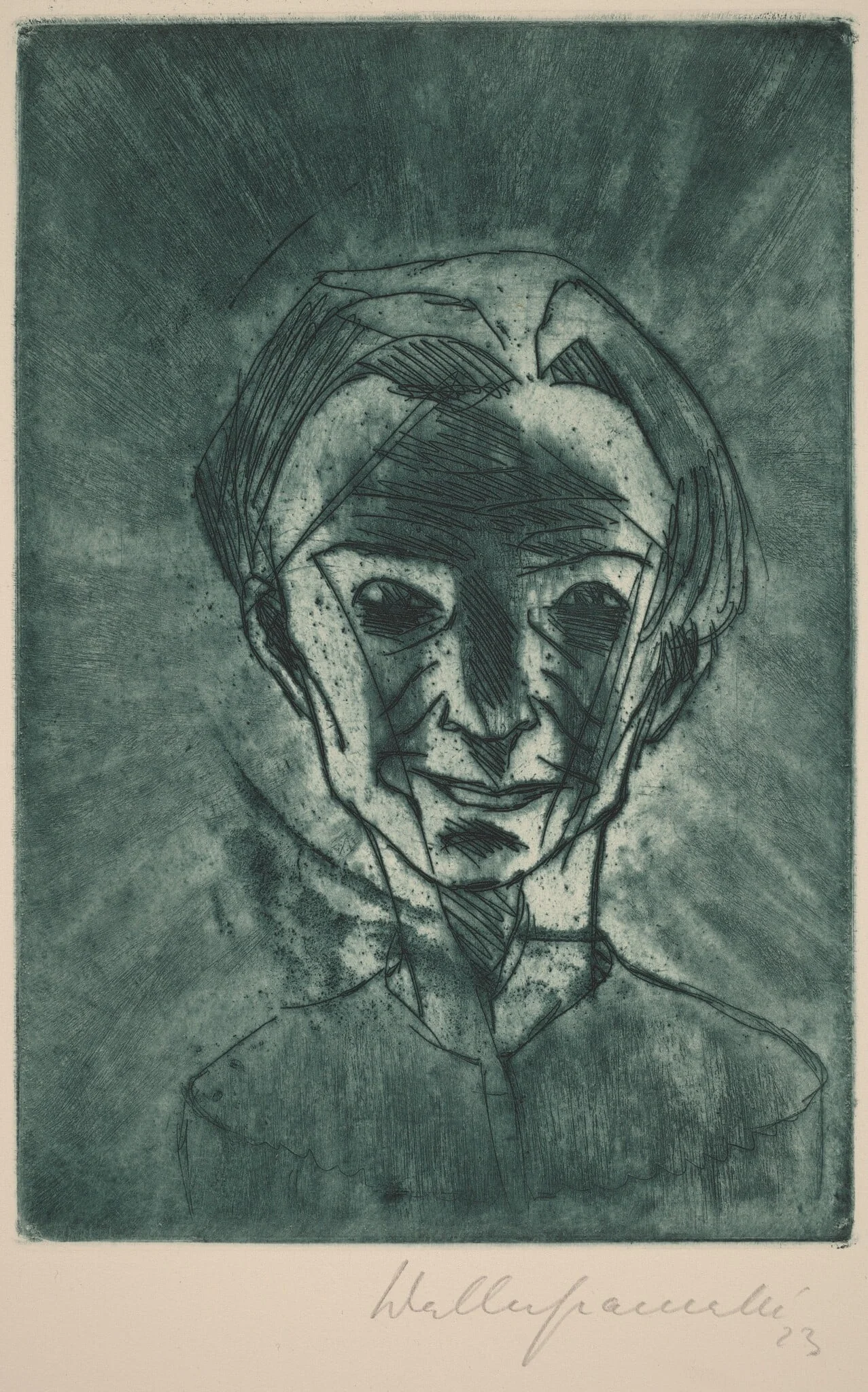 Smiling Head, Self-portrait (Lächelnder Kopf, Selbstporträt), by Walter Gramatté, ink, 1923