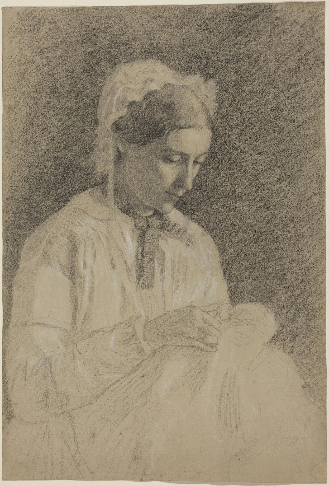 Woman Embroidering, by Edgar Degas, chalk, 1858