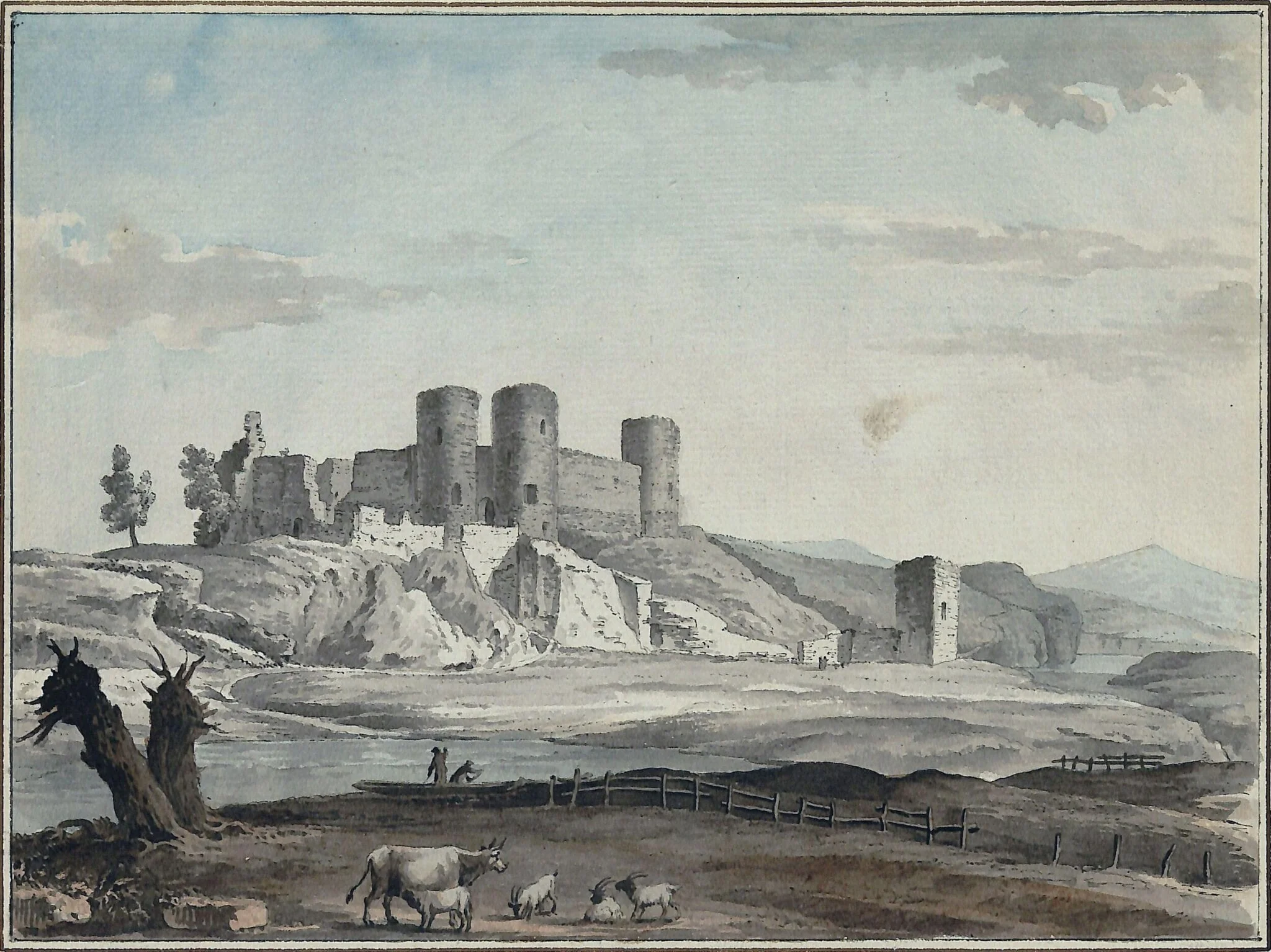 Rhuddlan Castle from the Bridge, by Grimm, watercolor, 1760
