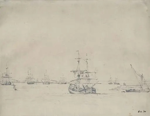 A brig at anchor and other shipping in the Thames