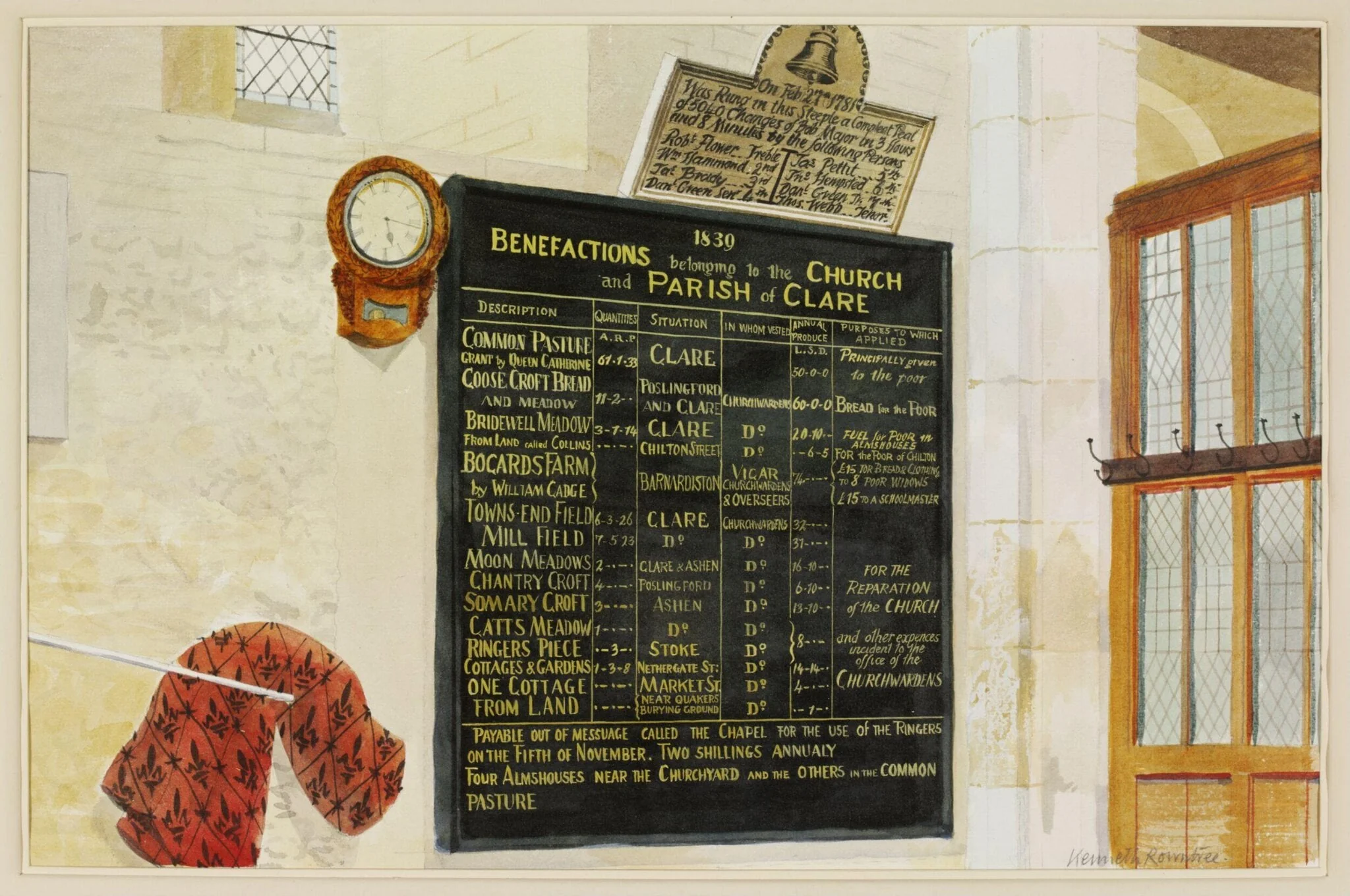 The Bellringer's Chamber, SS. Peter and Paul Church, Clare, by Kenneth Rowntree, watercolor, 1940