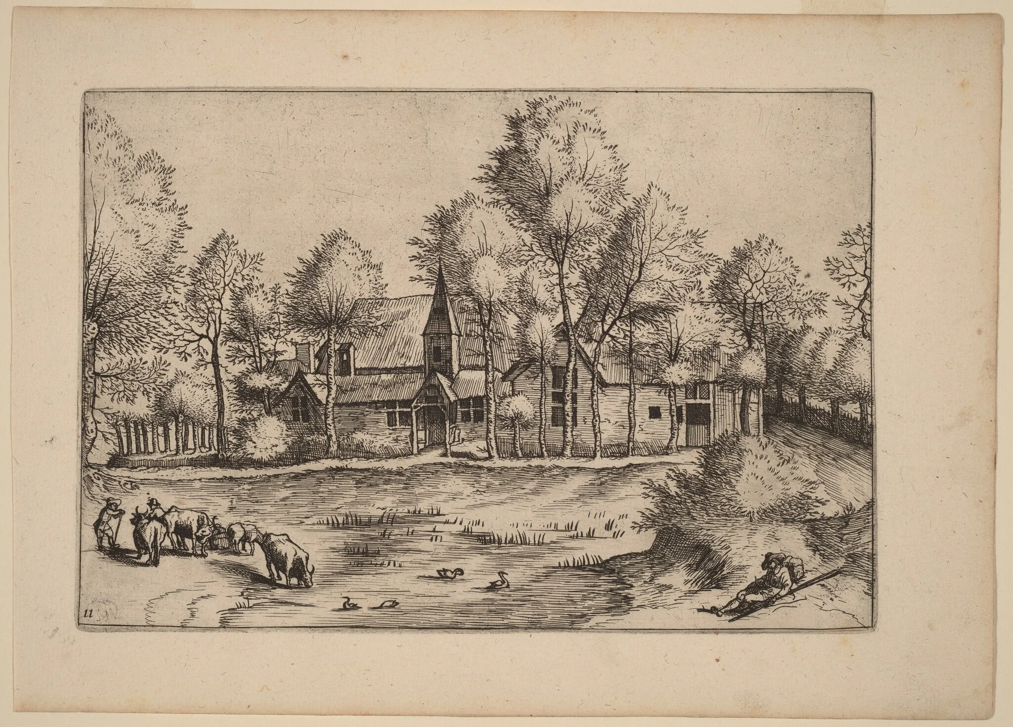 Country Village with Church, by Johannes van Doetechum the Elder, ink, 1676