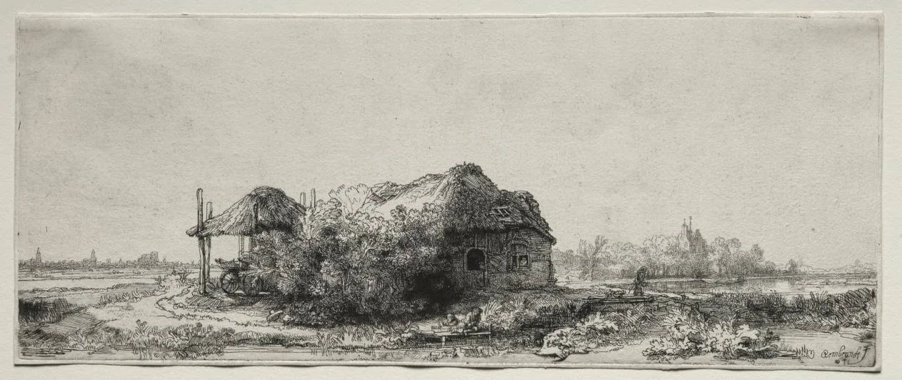 Landscape with a  Cottage and Hay Barn: Oblong, by Rembrandt, 1641