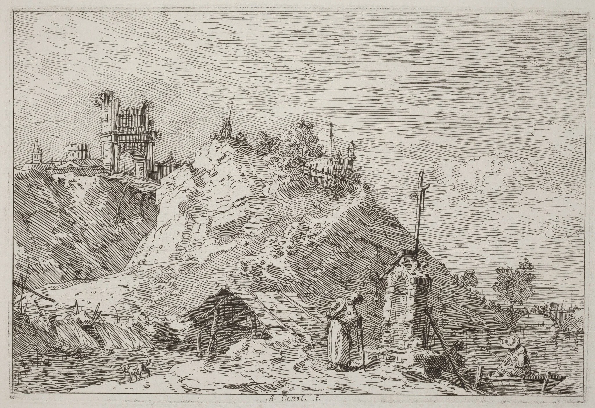 Landscape with the Pilgrim at Prayer [upper left], by Canaletto, ink, 1740