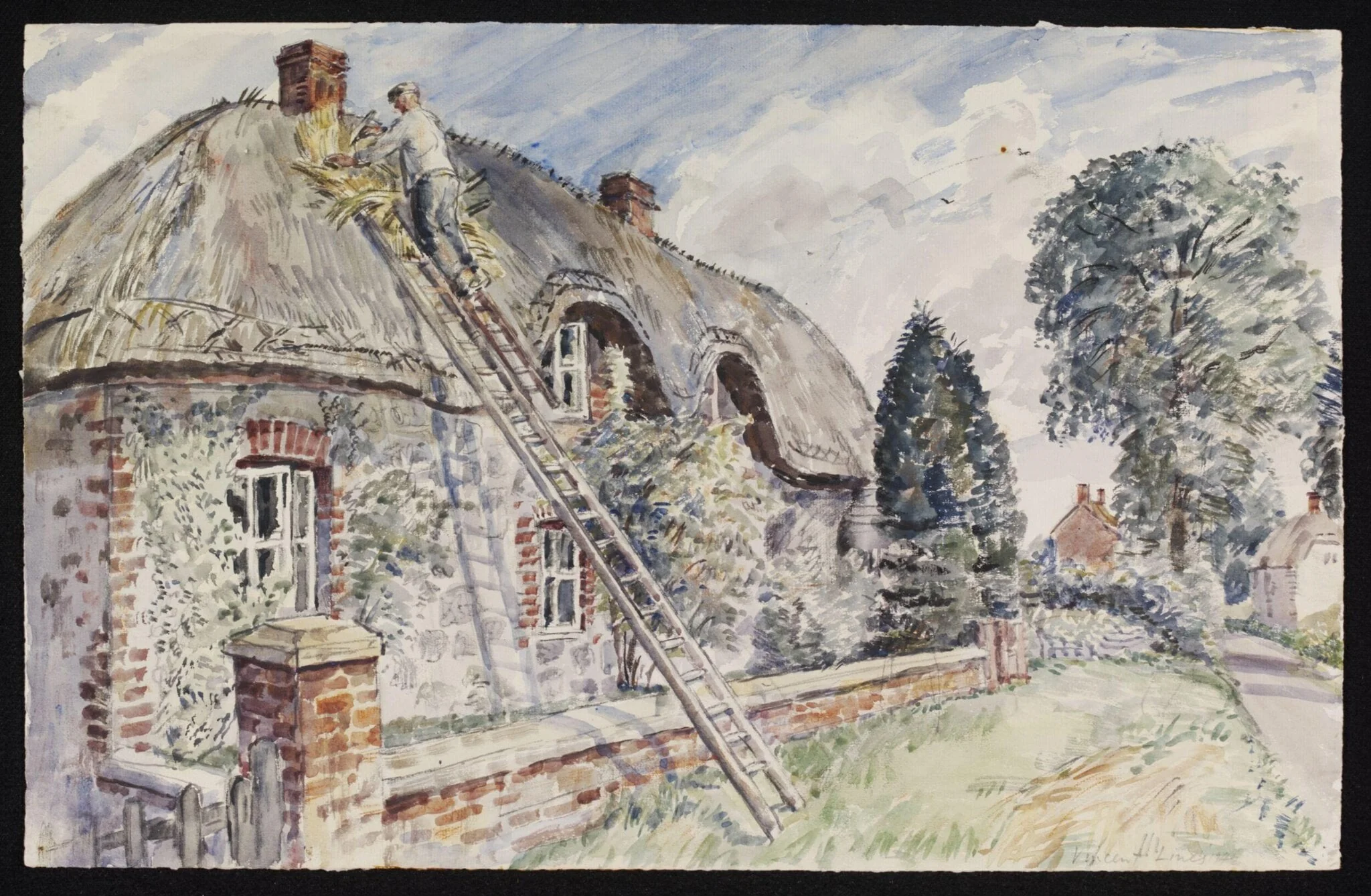 Mending the Thatch; A cottage at Little Avebury, by Lines, watercolor, 1942
