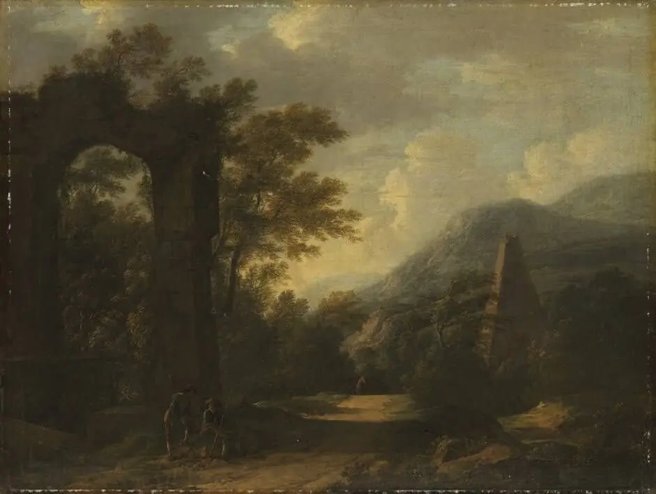 Mountainous landscape with the ruin of an aqueduct and a pyramid