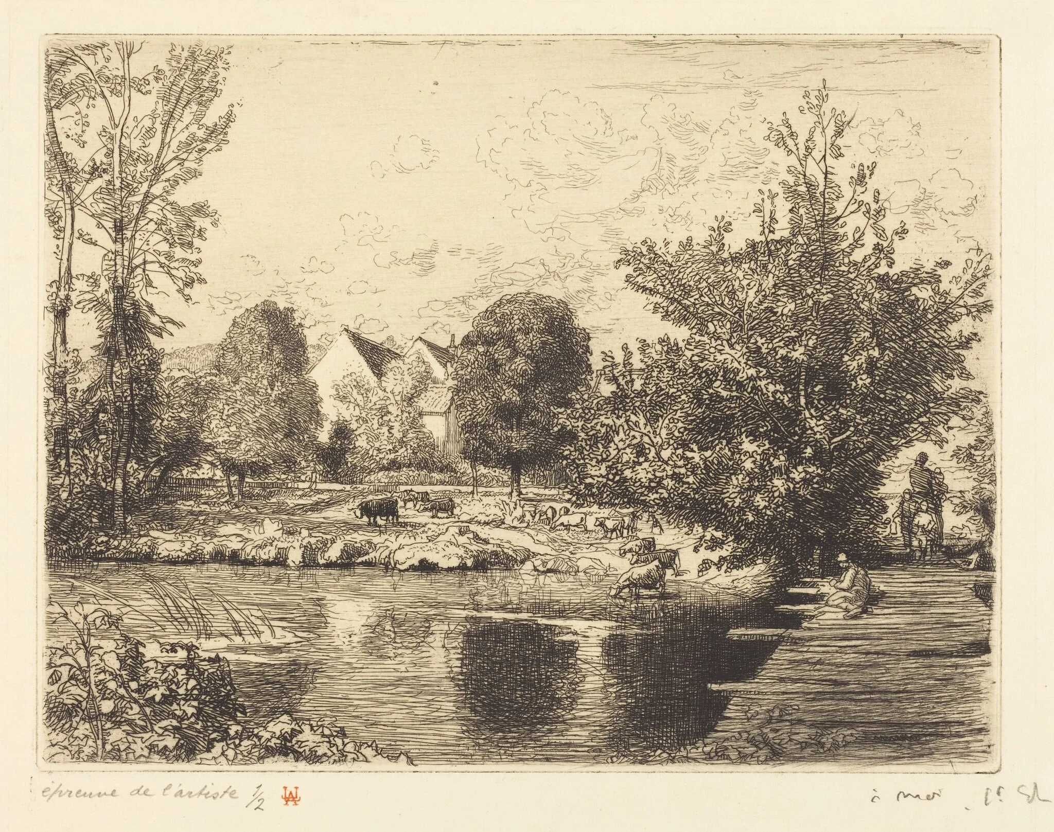 Old Foot-bridge, Banks of the Small Morin (Vieille passerelle, bords du petit morin), by Auguste Lepère, ink, 1915