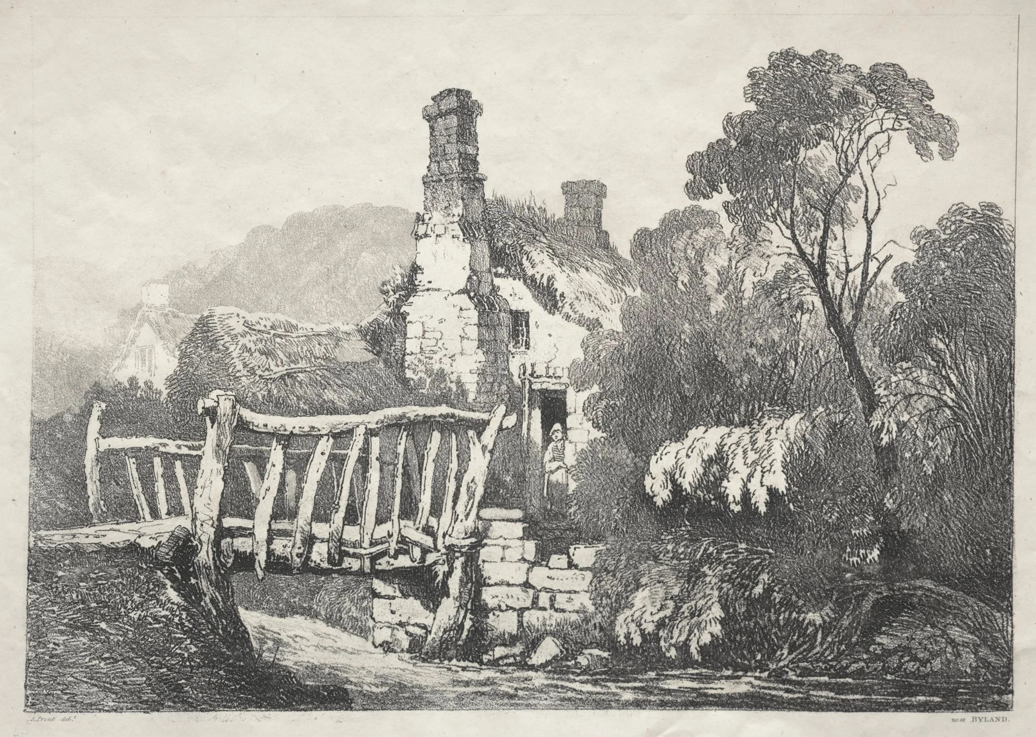 A Series of Ancient Buildings and Rural Cottages in the North of England:  Near Byland, by Samuel Prout, 1821