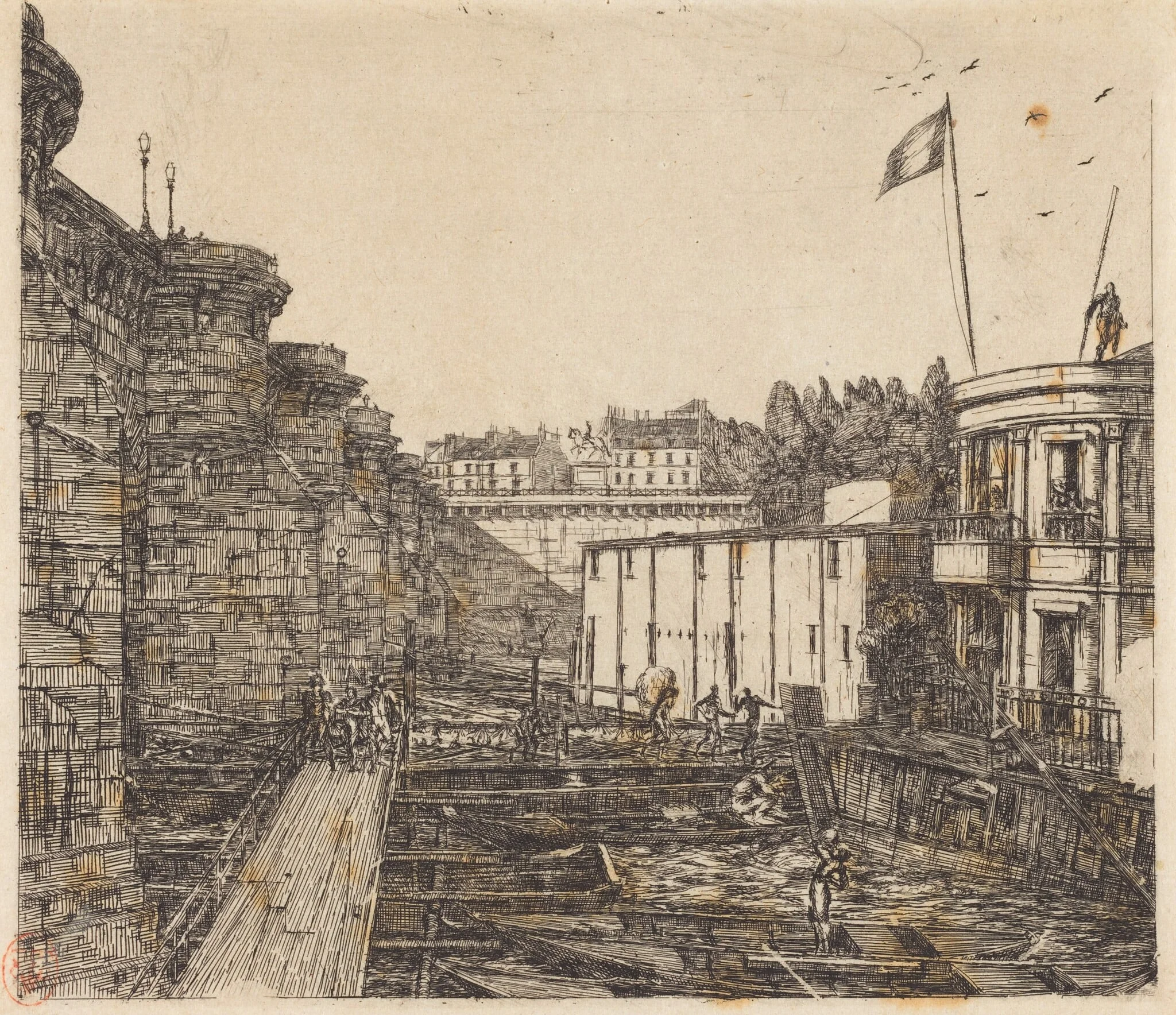Bain-froid chevrier, dit "de l'École" (Chevrier's Cold-Bath Establishment, Sometimes called the "School-Baths"), by Charles Meryon, ink, 1864