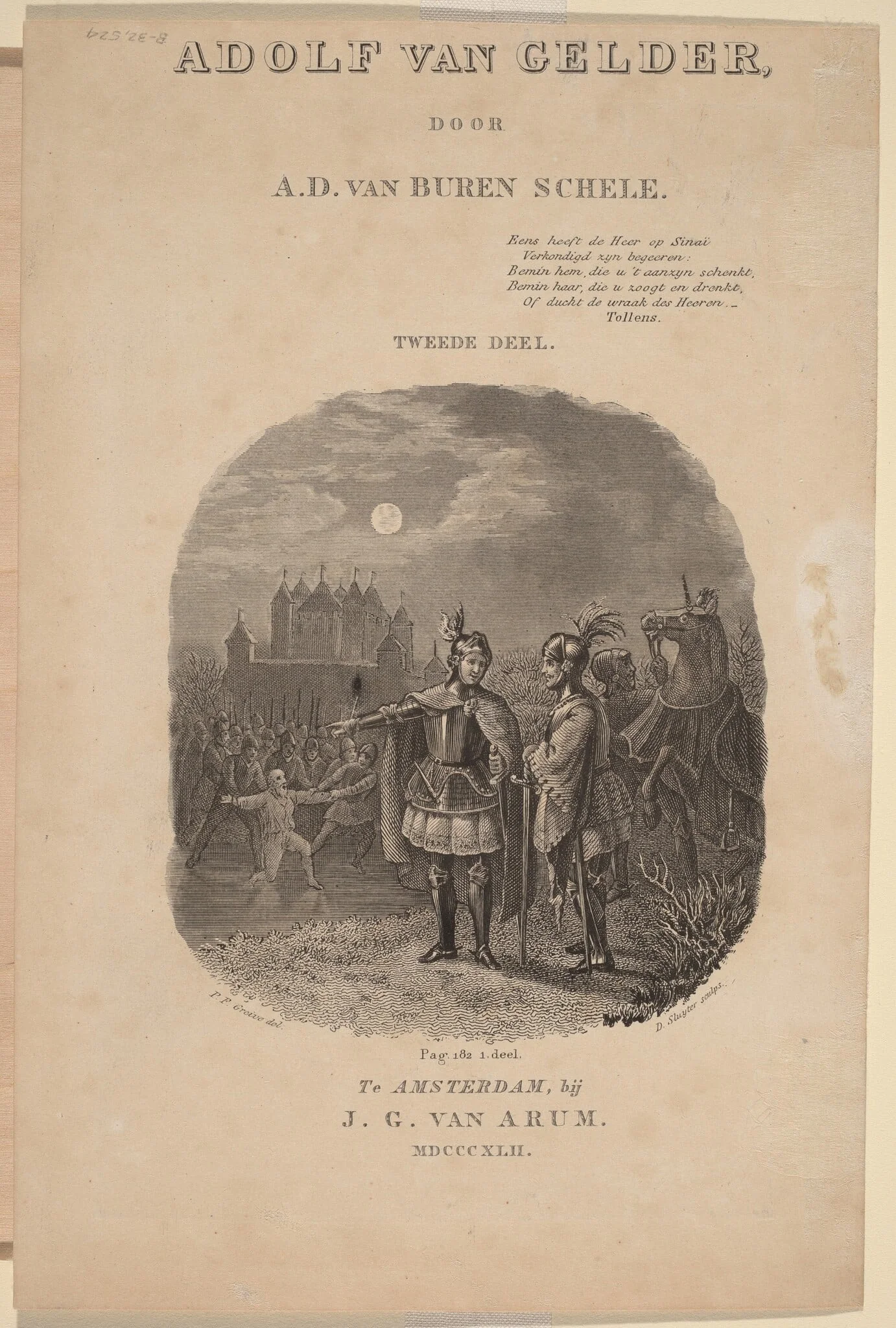 Title Page for A.D. van Buren Schele's  "Adolf van Gelder", Amsterdam, 1842, by Dirk Jurriaan Sluyter, ink, 1842