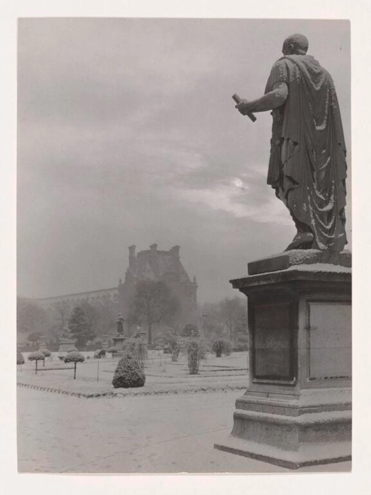 Snowy Gardens and Sculpture, by René Jacques, photographic, 1950