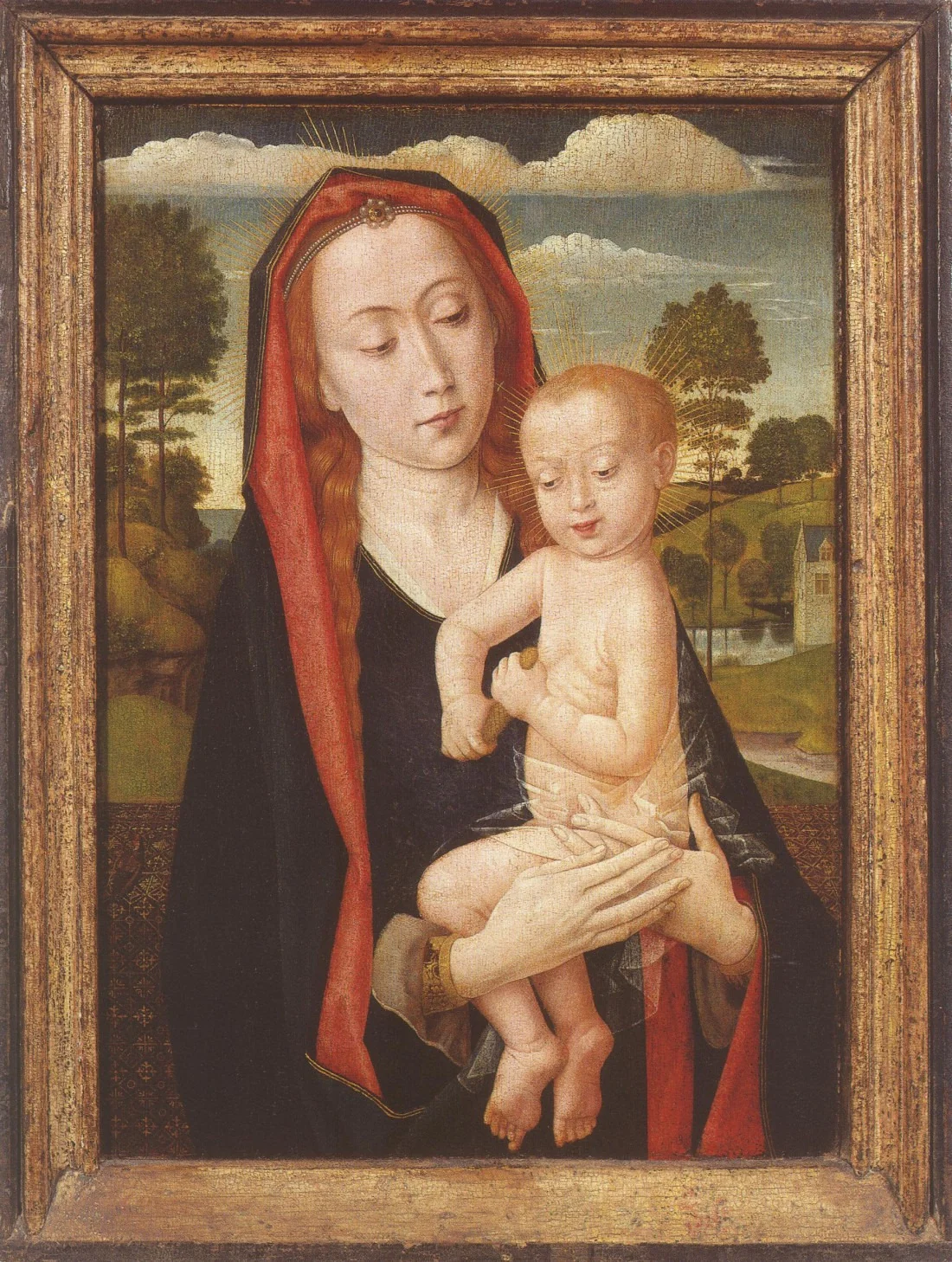 Maria met kind voor een borstwering met doorzicht naar een heuvellandschap, by Unknown, oil, 1494