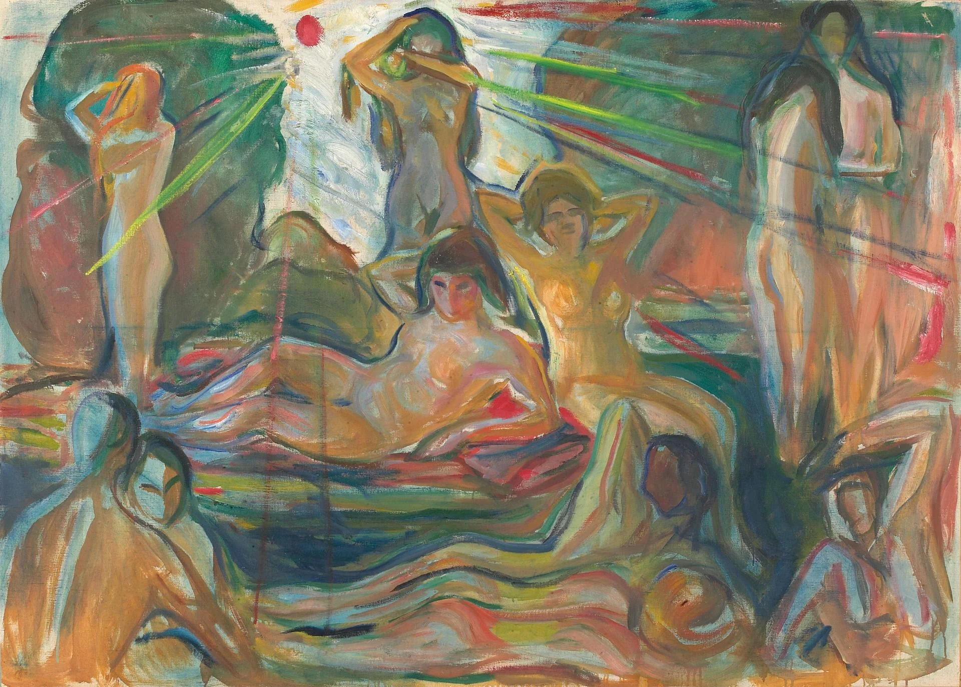 Naked Figures and Sun, by Edvard Munch, oil, 1924