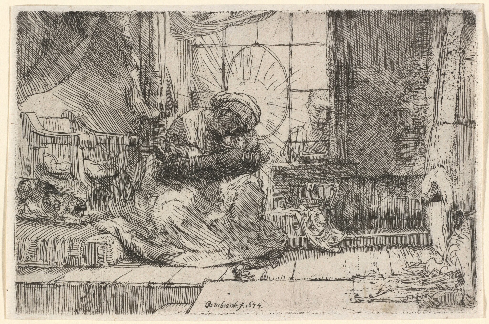 The Virgin and Child with the Cat and Snake, by Rembrandt, ink, 1654