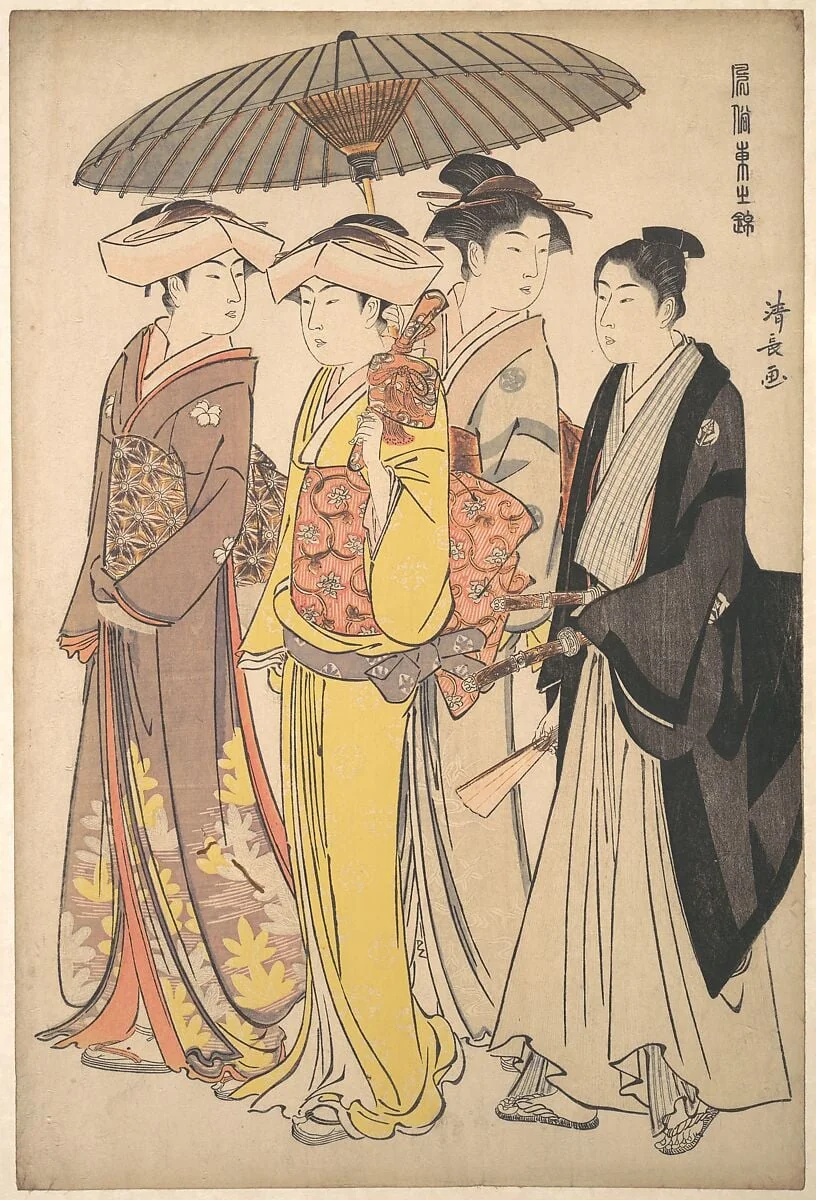 「風俗東之錦」　 武家の息女と侍女と若党 |A Lady from a Samurai Household with Three Attendants, from the series A Brocade of Eastern Manners (Fūzoku Azuma no nishiki)