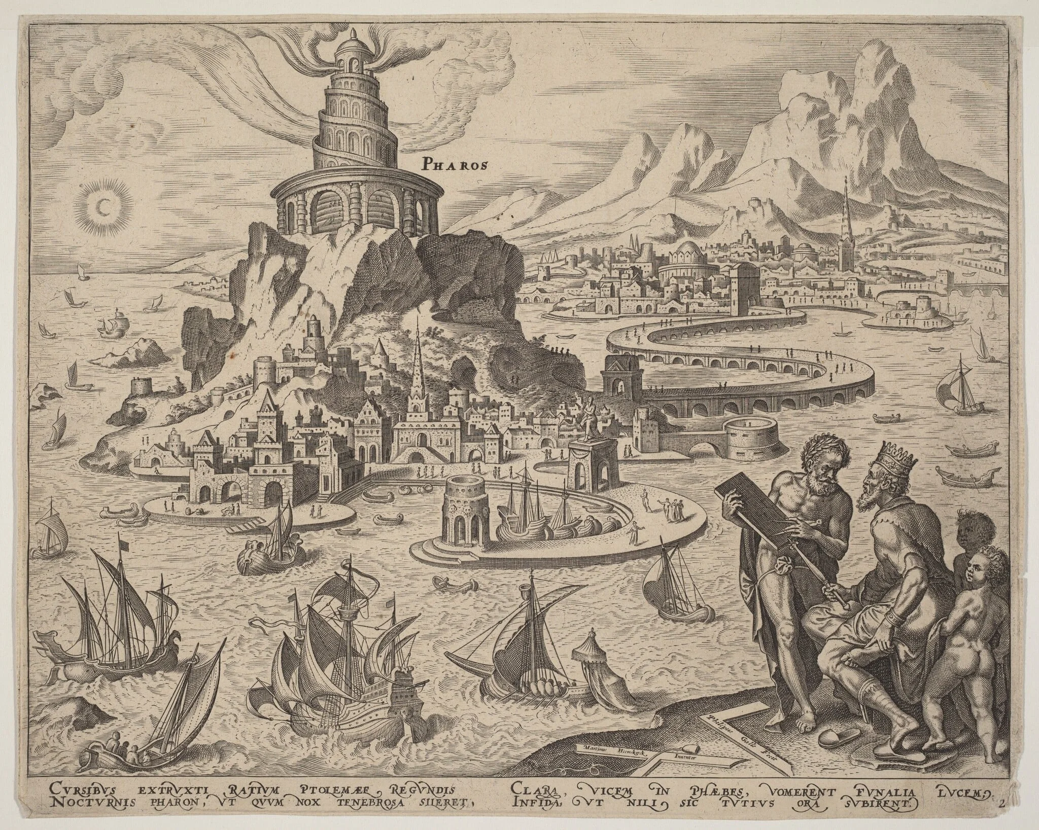 Pharos (The Lighthouse at Alexandria), by Philip Galle, ink, 1572