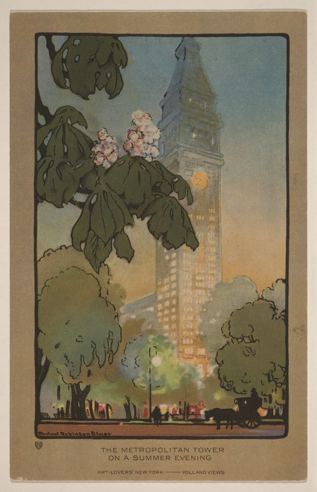The Metropolitan Tower on A Summer Evening, by Rachael Robinson Elmer, ink, 1914