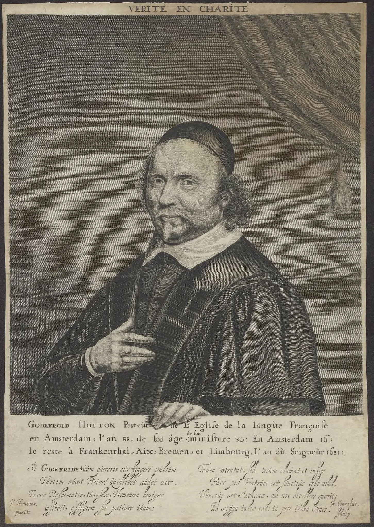Portrait of Godefroid Hotton, Walloon minister at Amsterdam, by Abraham, Conradus, unspecified, 1650