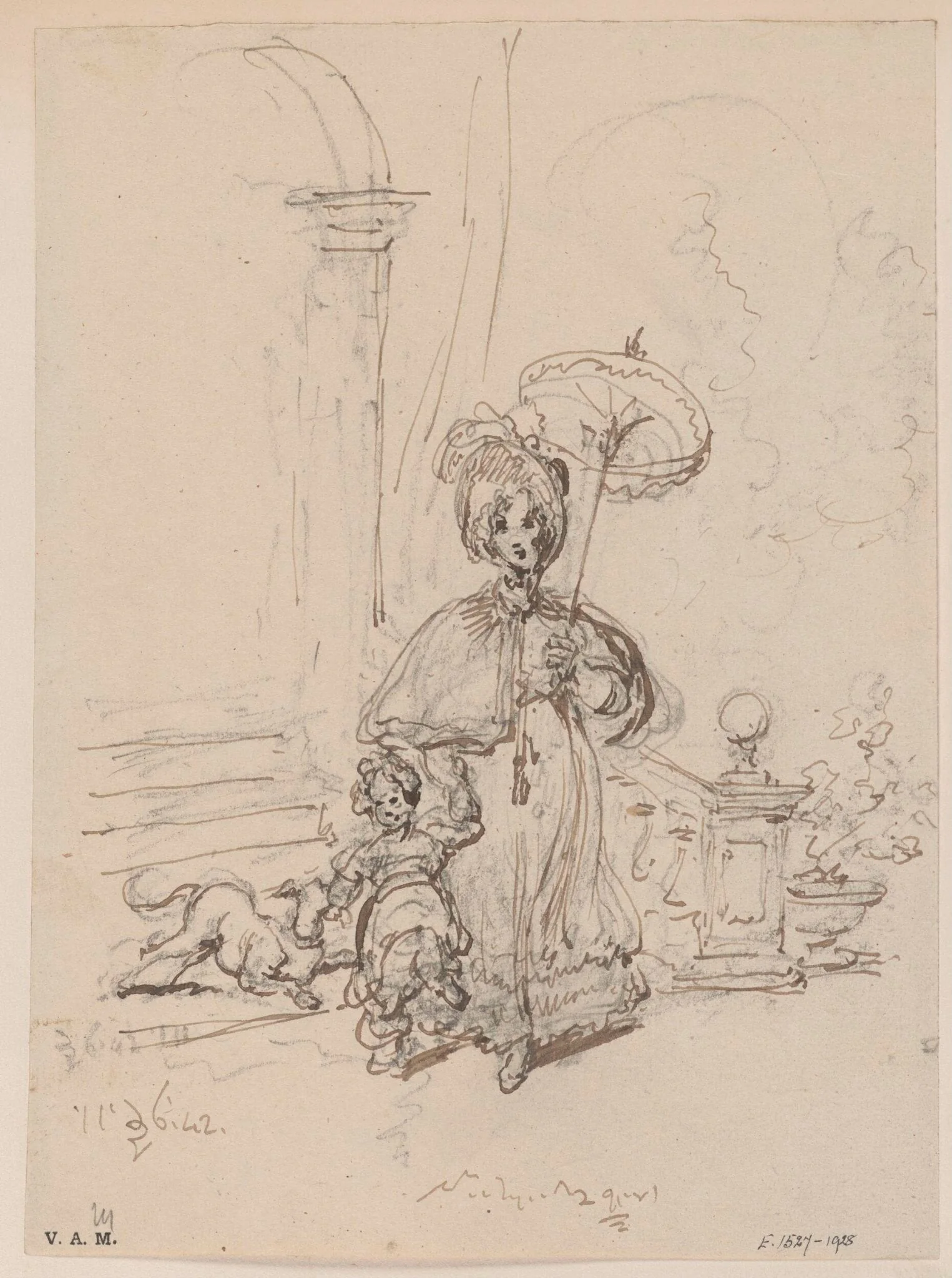 A Western woman with a child and a dog, by George Chinnery, 9