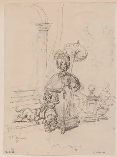 A Western woman with a child and a dog