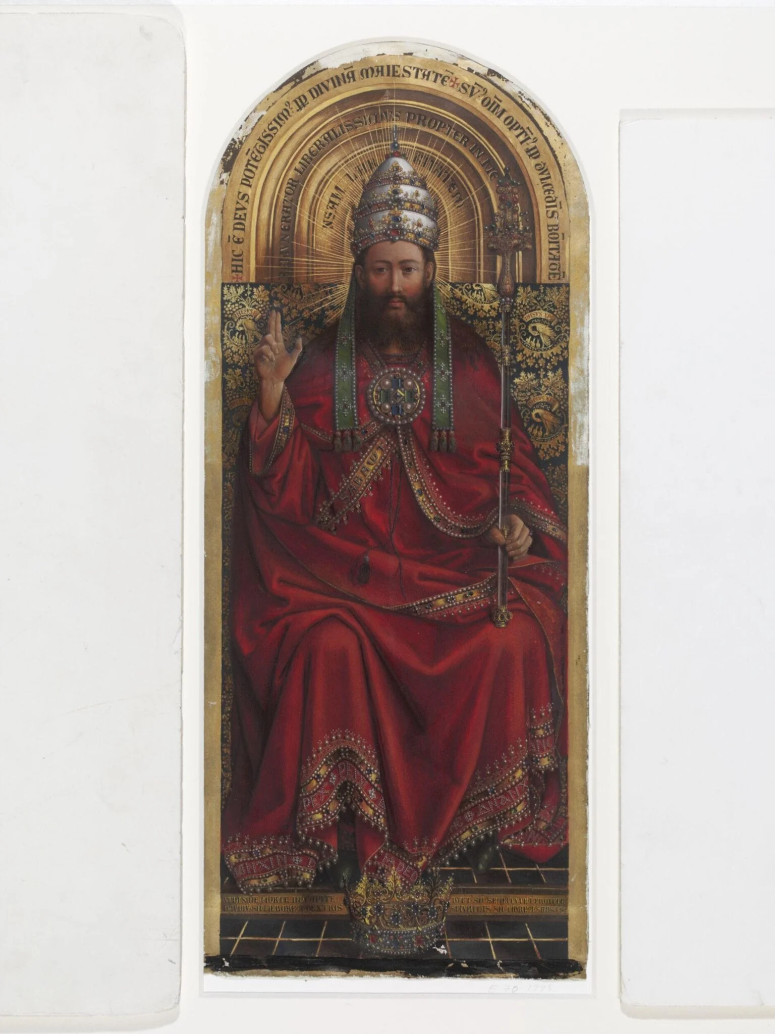 Copy of a detail of the Ghent Altarpiece, Triune God by Hubert and Jan van Eyck in the church of St Bavon,  Ghent