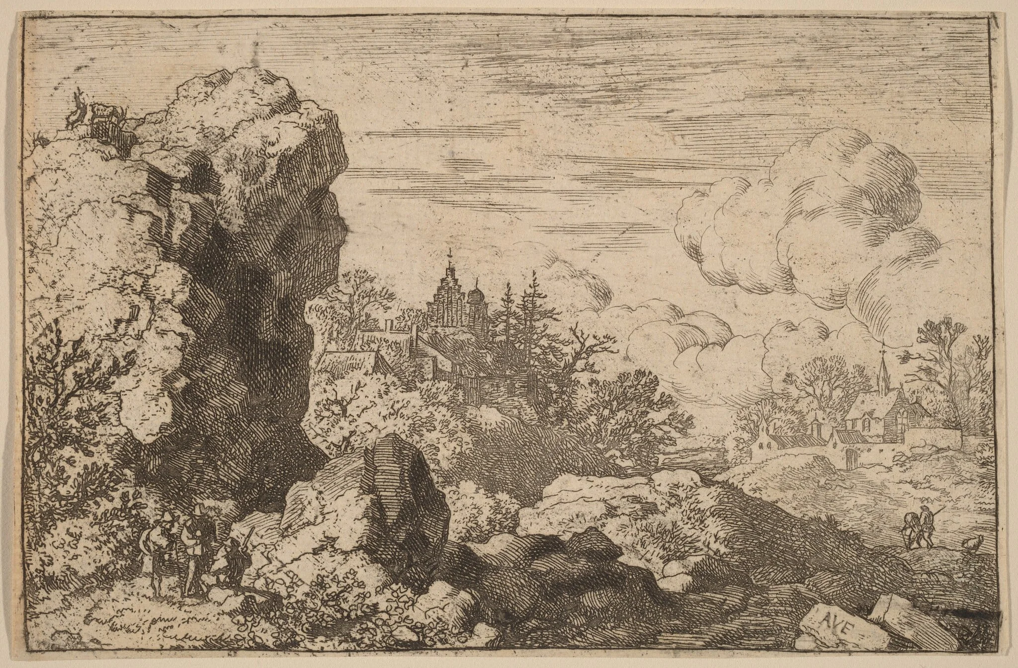 Three Travelers at the Foot of a High Rock, by Allart van Everdingen, ink, 1650