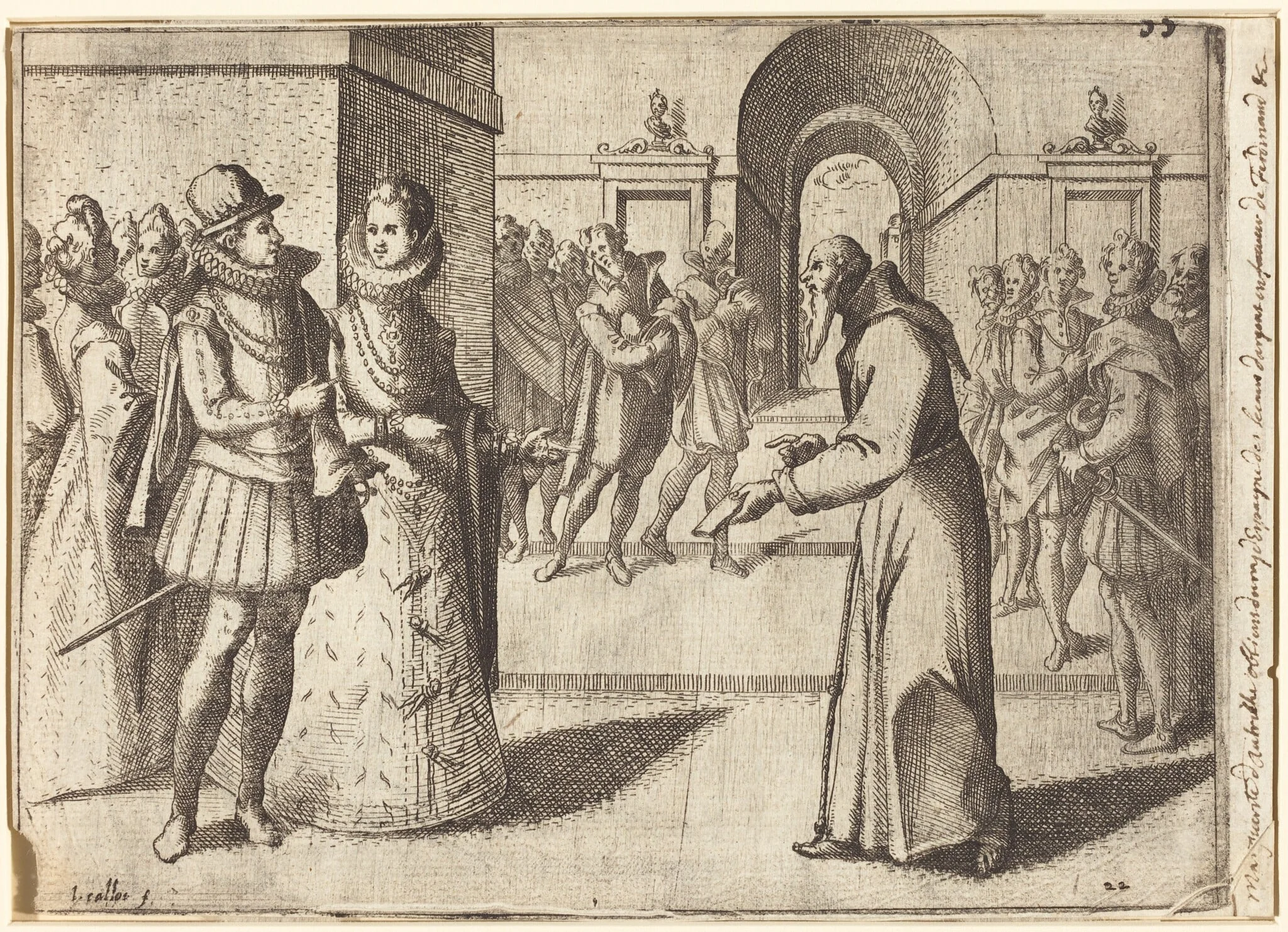 A Capucin bringing thanks of the King of Bavaria [recto], by Jacques Callot, ink, 1612