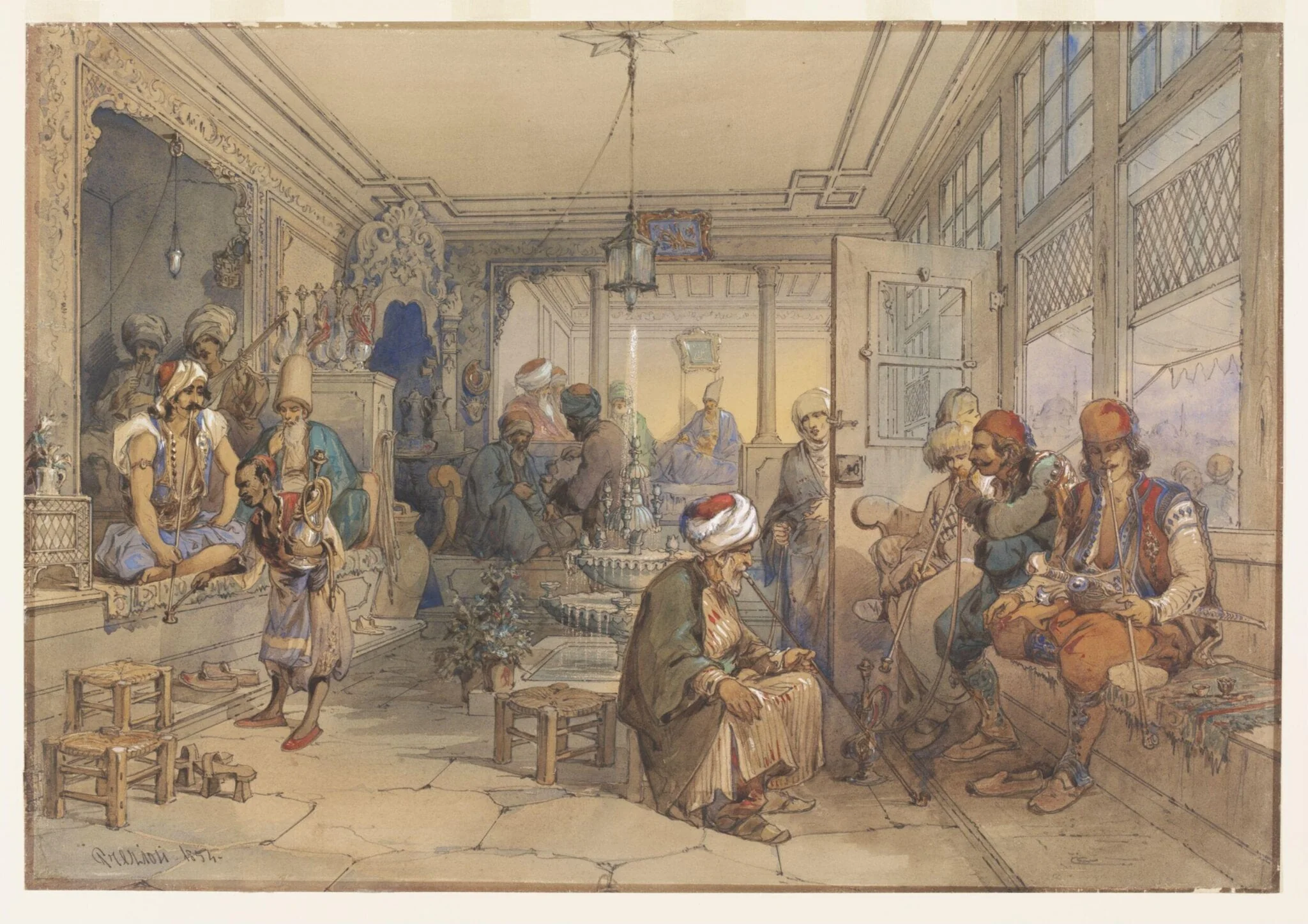 A Turkish Coffee-House, Constantinople, by Aloysius Rosarius Amadeus Raymondus Andreas Preziosi, watercolor, 1854