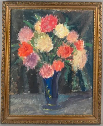 Pictură în ulei pe pânză, reprezentând un vas mare cu flori galbene, roșii, mov, semnat de pcitorul Gheorghe Ceglokoff (1904-1964, pictor și grafician, născut la Chișinău, închis pentru simpatii comunite) realizat în lagărul din Târgu Jiu, 1941, dăruită lui Liță Anghel