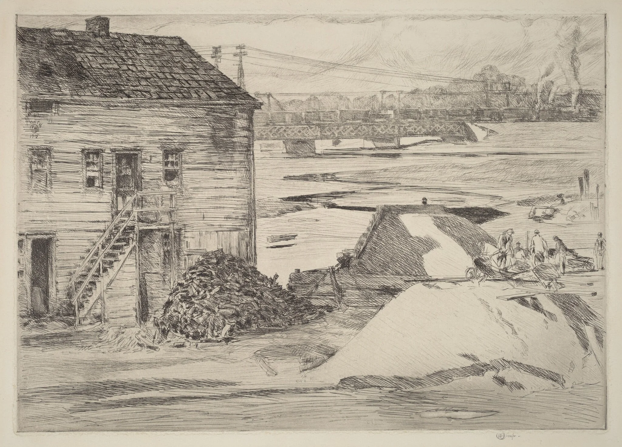 Low Tide, Cos Cob Bridge, by Childe Hassam, ink, 1915
