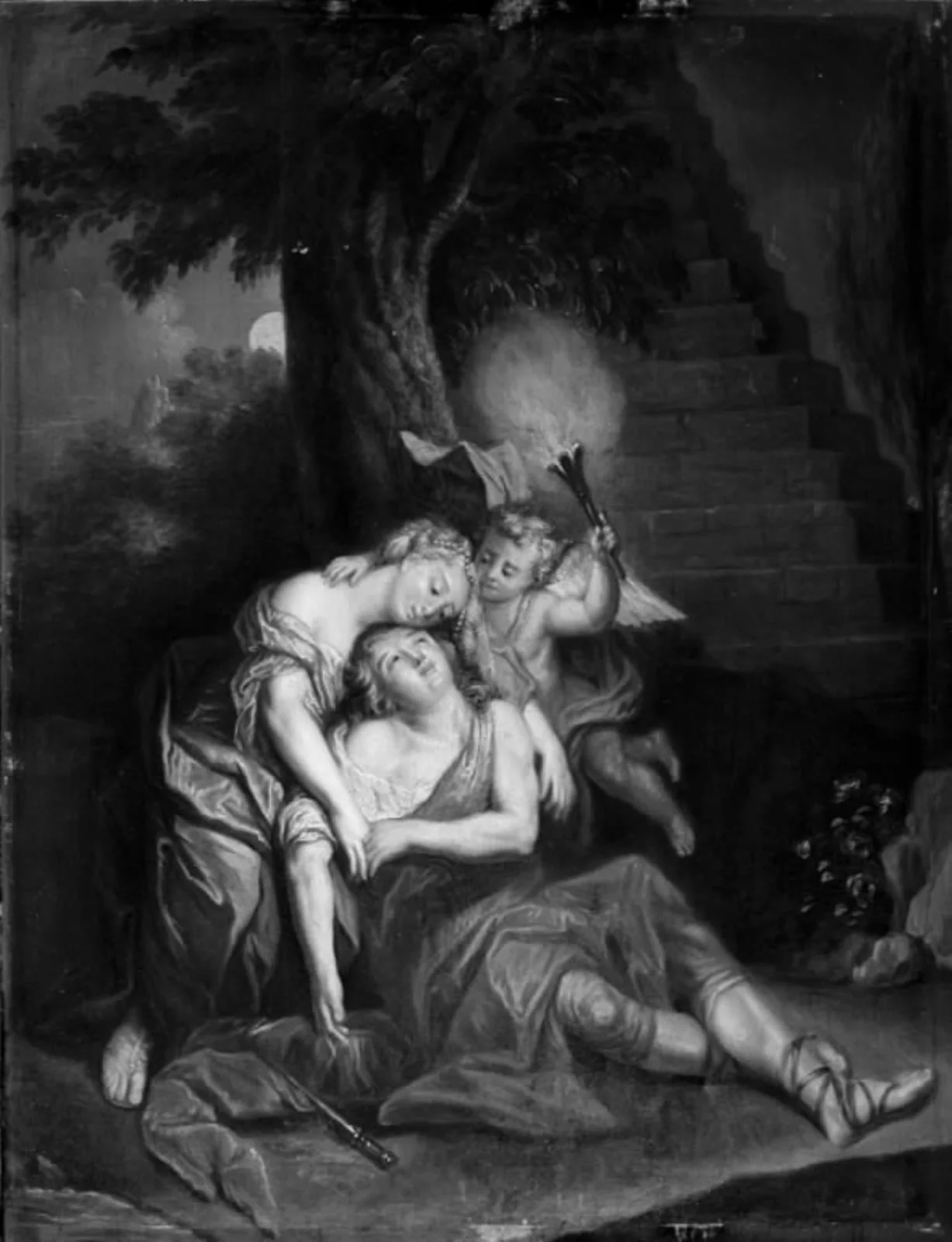 Pyramus, Thisbe og en amorin, by Unknown, 1750