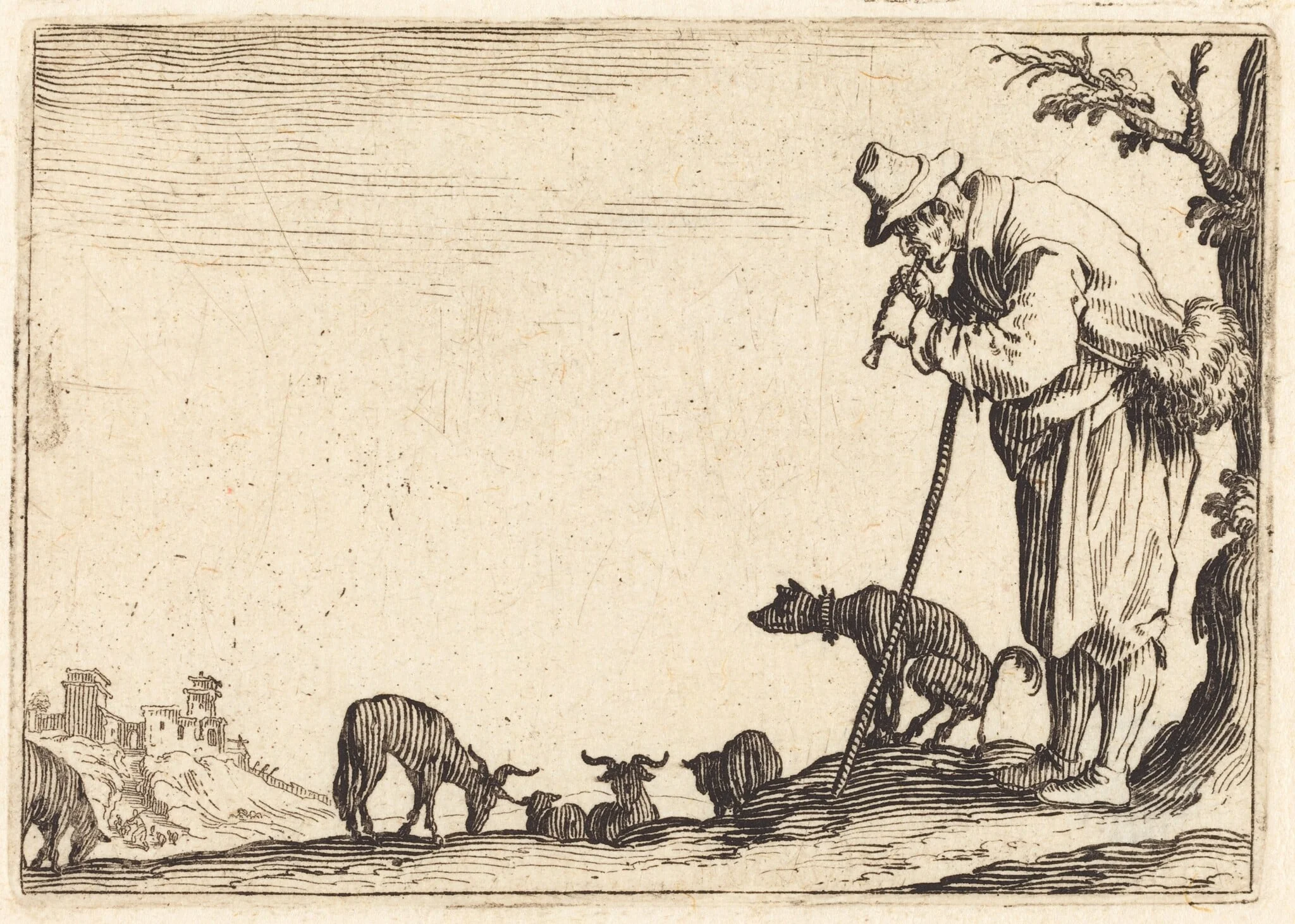 Shepherd Playing Flute, by Jacques Callot, ink, 1622