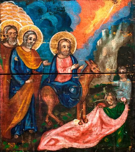 Pictura este deteriorată, din primul strat de pictură se observă puțin, pictura în ulei se pare că a adus modificări. În centrul compoziției Isus călare pe un asin cu capul întors, astfel încât i se văd ambii ochi. Isus ține mâinile întinse către mulțimea sugerată de două personaje care își așează veșmintele pe jos ca Mântuitorul să calce pe ele, în mâini având ramuri de finic. În spatele lui Isus vin ucenicii Săi, în frunte cu apostolul Petru și încă unul din apostoli, restul fiind sugerați într-un șir lung, din care se văd doar aureolele, mai multe decât numărul apostolilor. Norii învolburați despicați de lumina stelei pe un fond roșu, incandescent, nu sunt elemente specifice intrării în Ierusalim Părțile laterale indică faptul că icoana era asamblată într-un ancadrament. Intervenția cu culori de ulei se observă și în dârele de culoare neagră prelinse de pe latura de sus. Aceasta mai atestă faptul că intervenția s-a făcut când icoana era fixată într-o poziție verticală. Pe spate este aplicată o culoare roz.