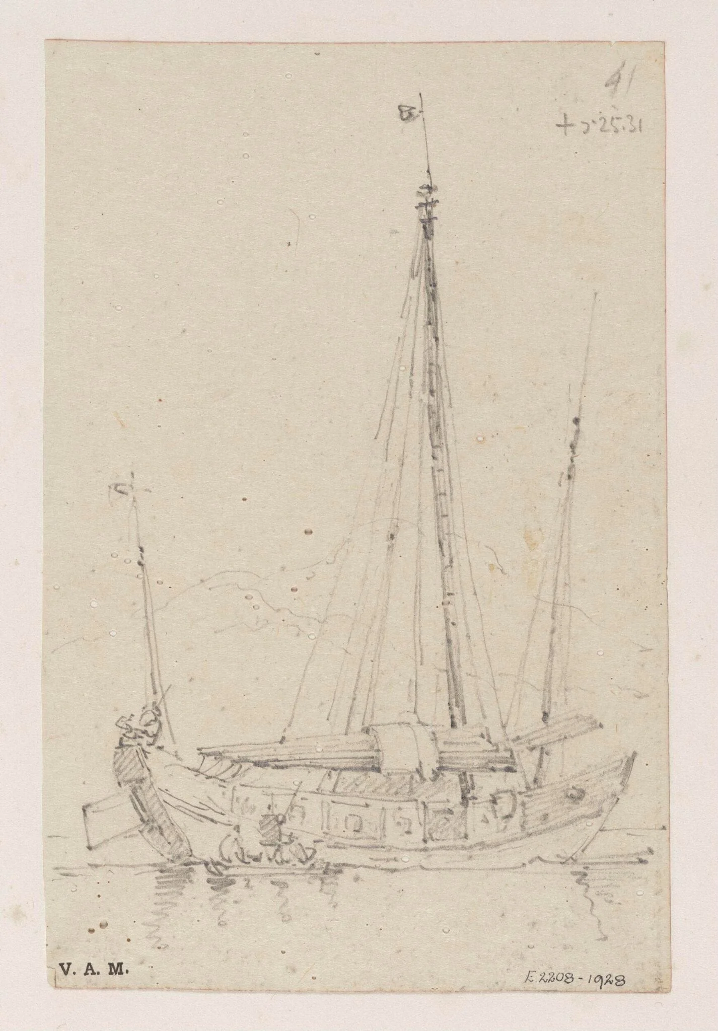 A three-masted junk with a smaller boat alongside