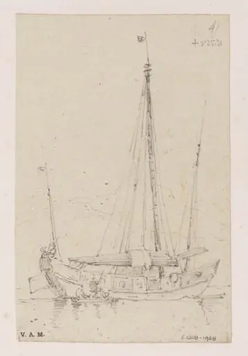 A three-masted junk with a smaller boat alongside