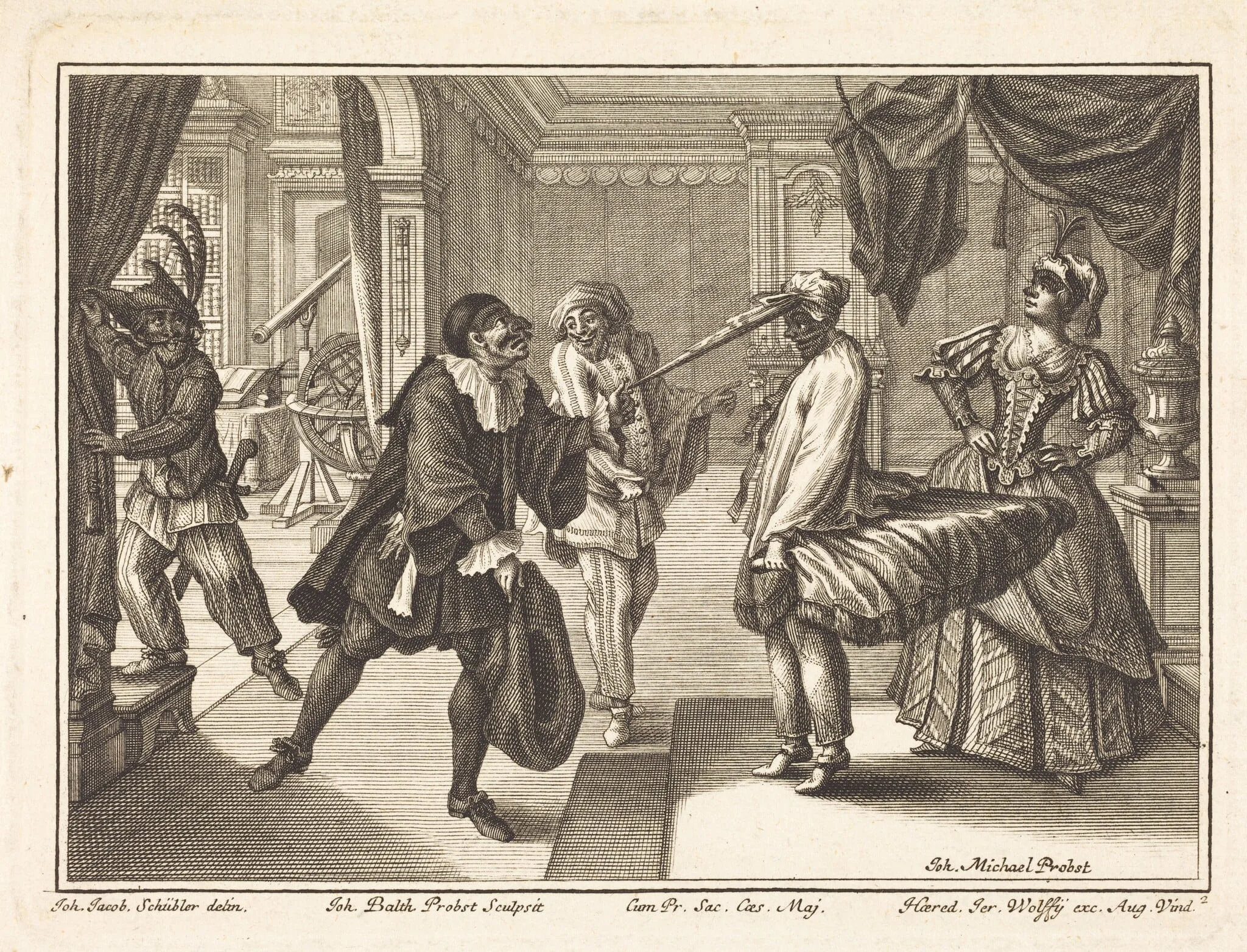 Harlequin at Dr. Polovard's House, by Johann Balthasar Probst, ink, 1729
