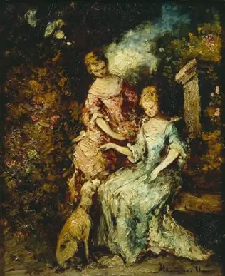 Two young women and a dog in a park