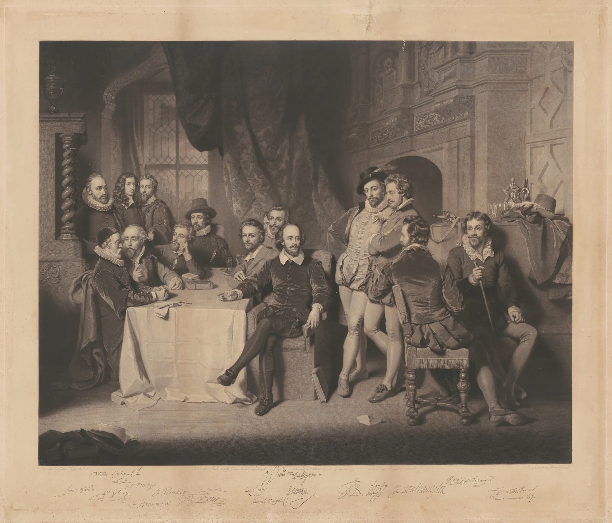 Shakespeare and His Contemporaries, by James Faed, ink, 1859