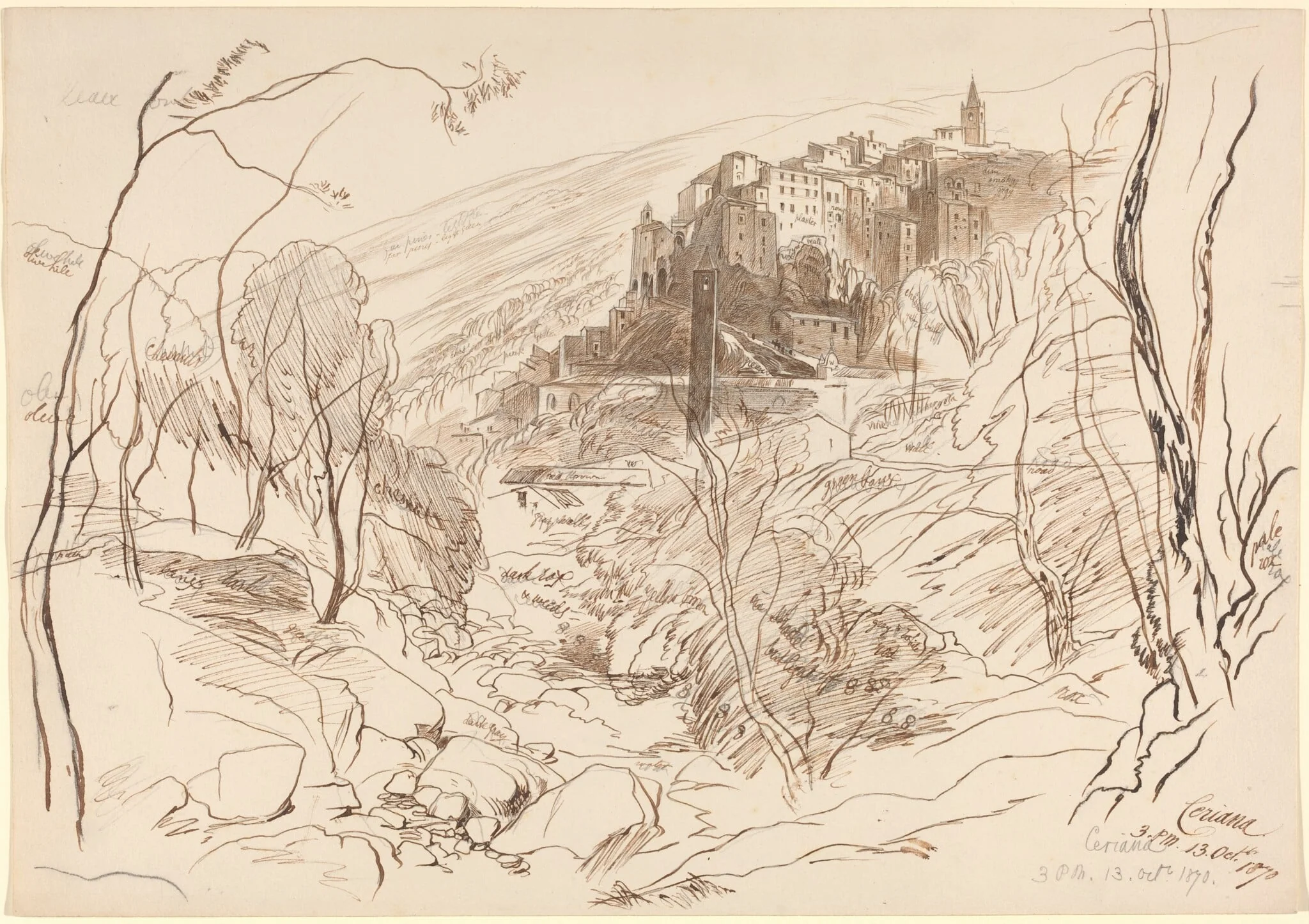View of Ceriana, by Edward Lear, ink, 1870