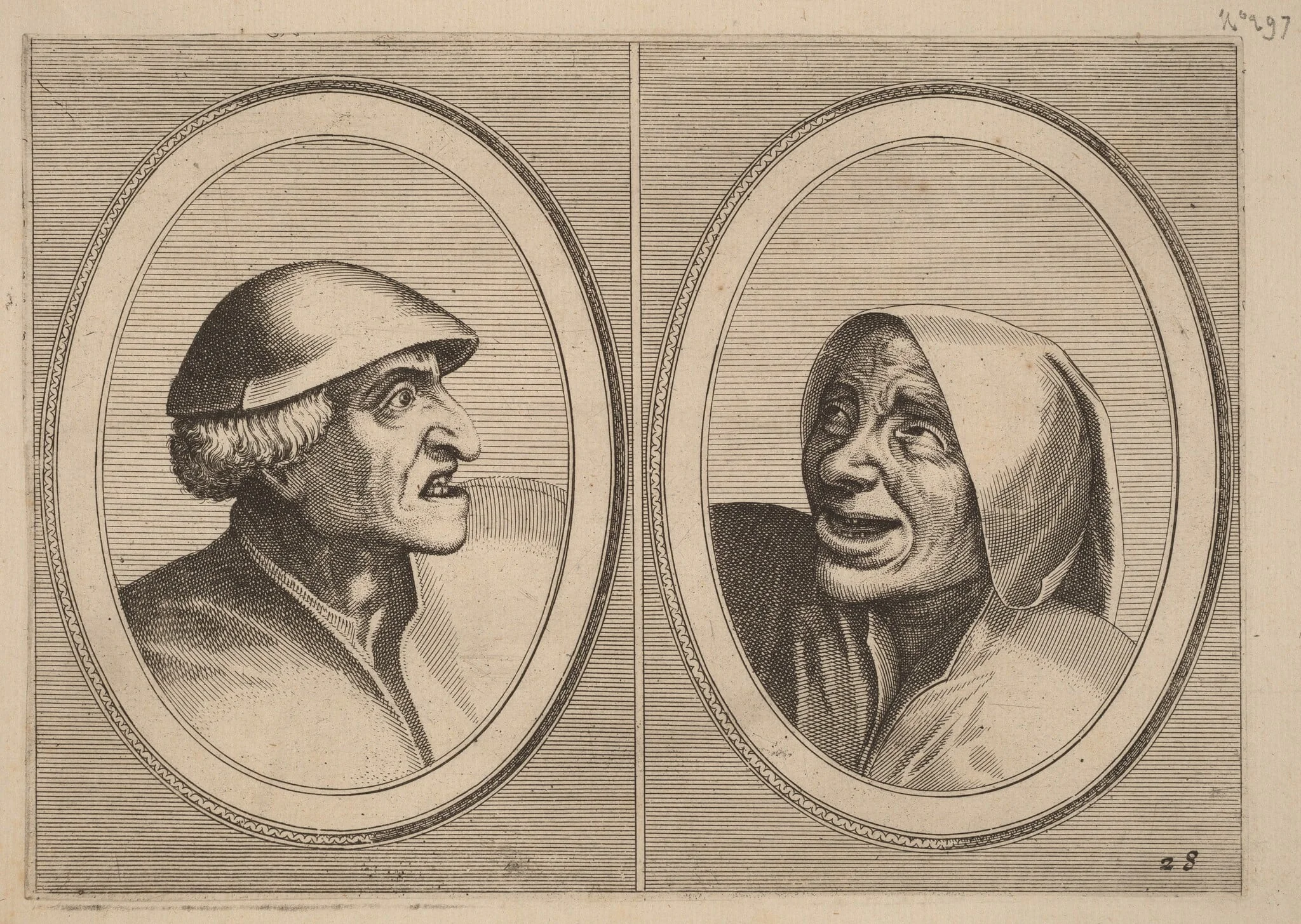 "Dief-achtighe Tijs" and "Nies Spoel-de-Nap", by Johannes van Doetechum the Elder, ink, 1564