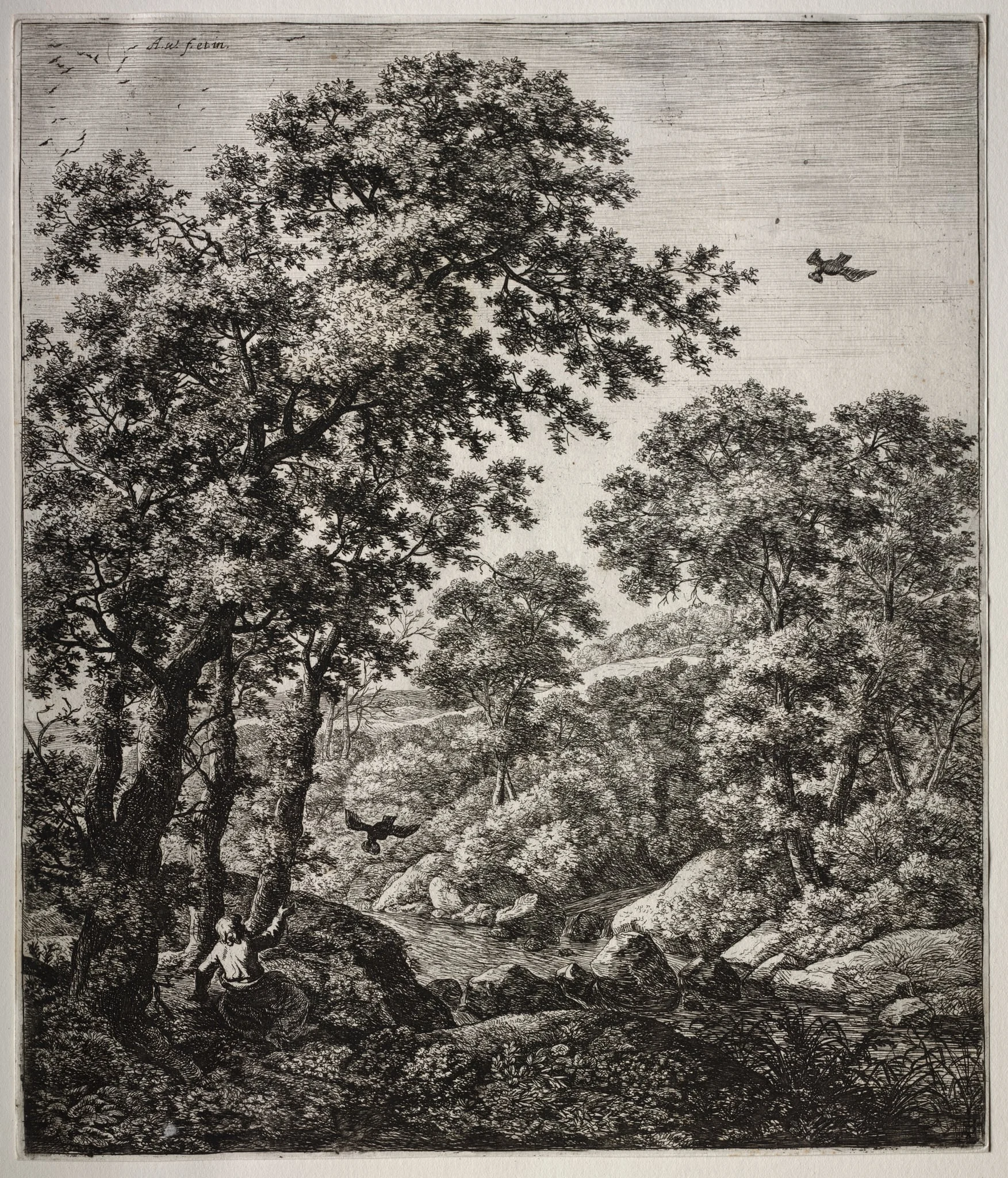 Six large upright landscapes with scenes from the Old Testament: Elijah Fed by the Ravens, by Antonie Waterloo, 1665