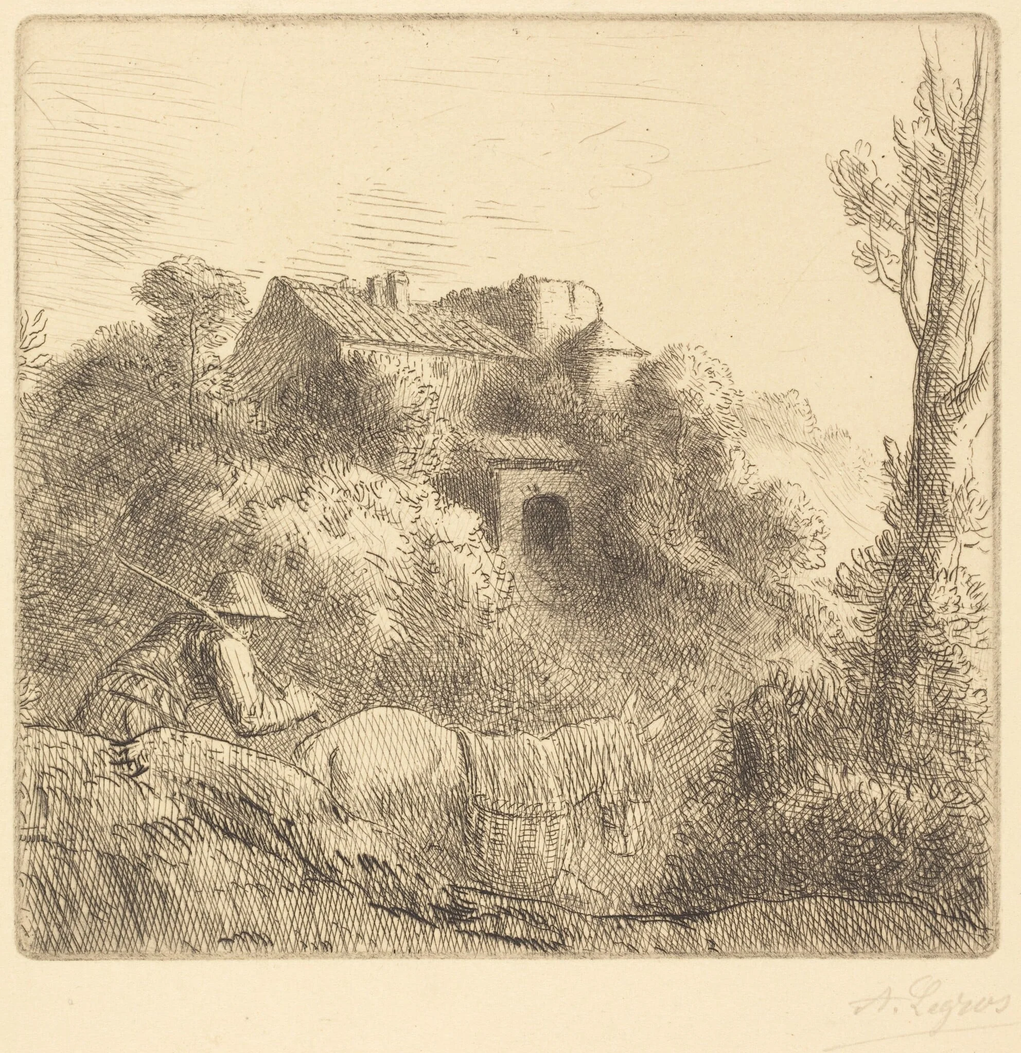 Farm on a Hill (La ferme sur la colline), by Alphonse Legros, ink, 1874