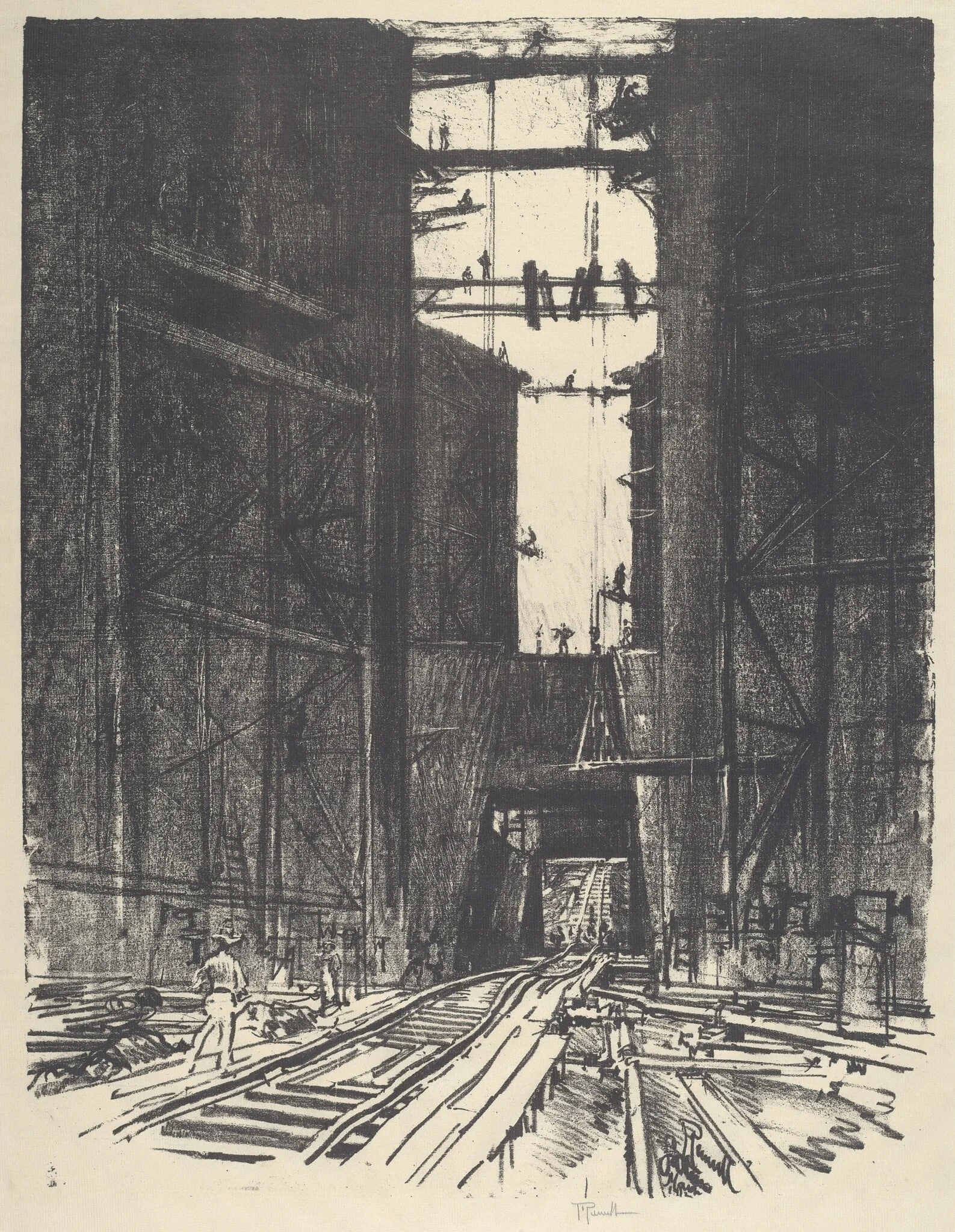 At the Bottom of Gatun Lock, by Joseph Pennell, ink, 1912