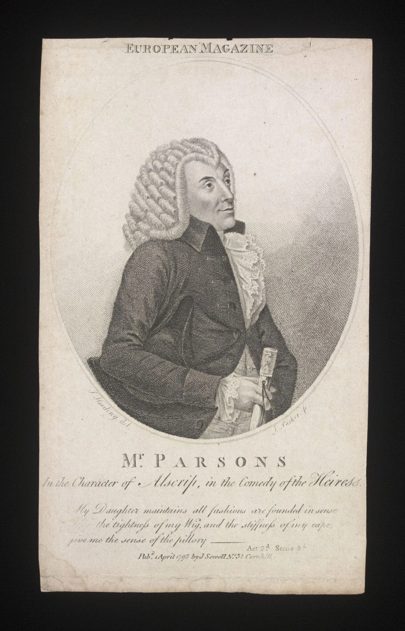 Mr William Parsons in the character of Alscrip in the comedy of the Heiress, by Mr. James Parker, 1795