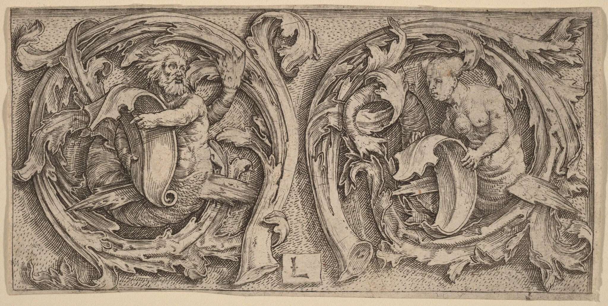 Triton and Siren in Tendrils, by Lucas van Leyden, ink, 1510