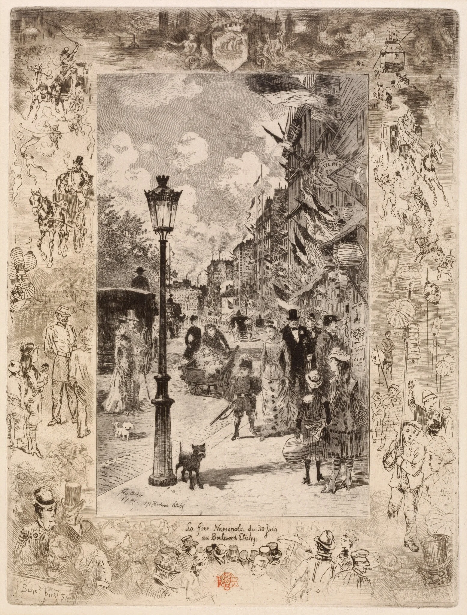 La Fête nationale au Boulevard Clichy (National Holiday on the Boulevard de Clichy), by Félix-Hilaire Buhot, ink, 1878